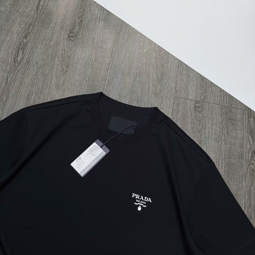 Prada Embroidered White Logo Cotton T-Shirt in Black, Size XXL
