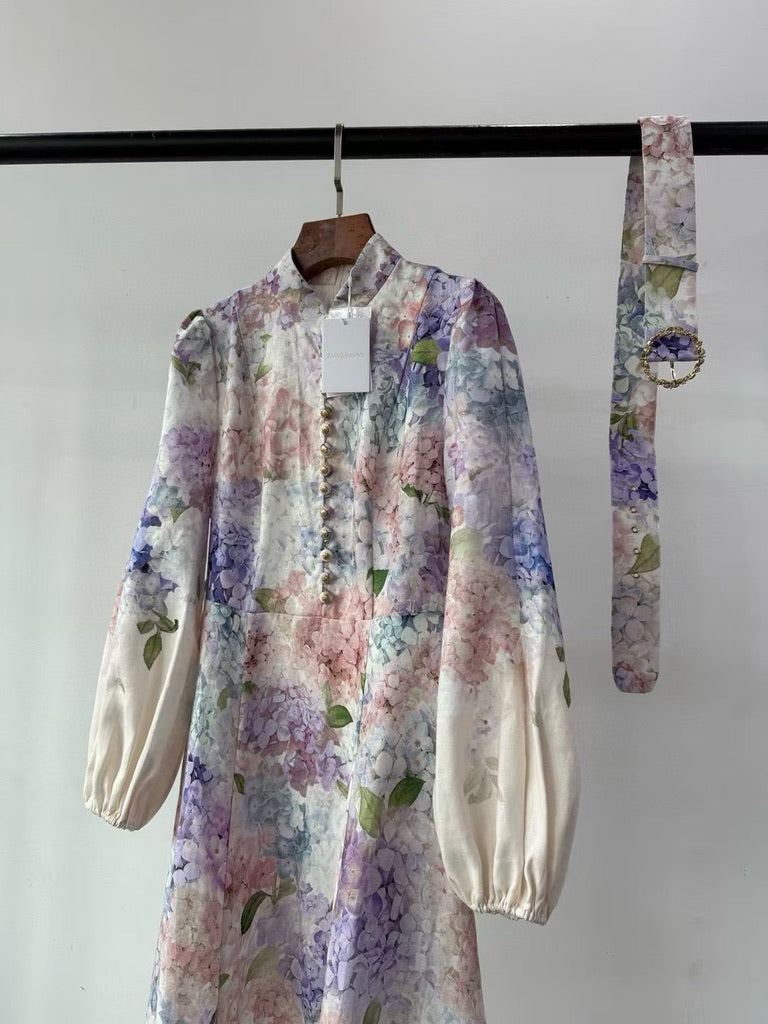 Zimmermann Floral Belted Linen Midi Dress, Size AU 1/2/3