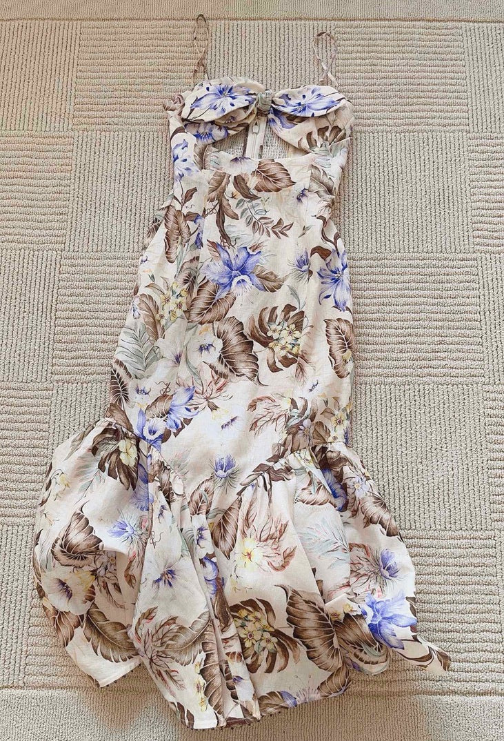 Zimmermann Bow-Embellished Cutout Floral-Print Linen Midi Dress, Size AU 0P/0/1/2/3