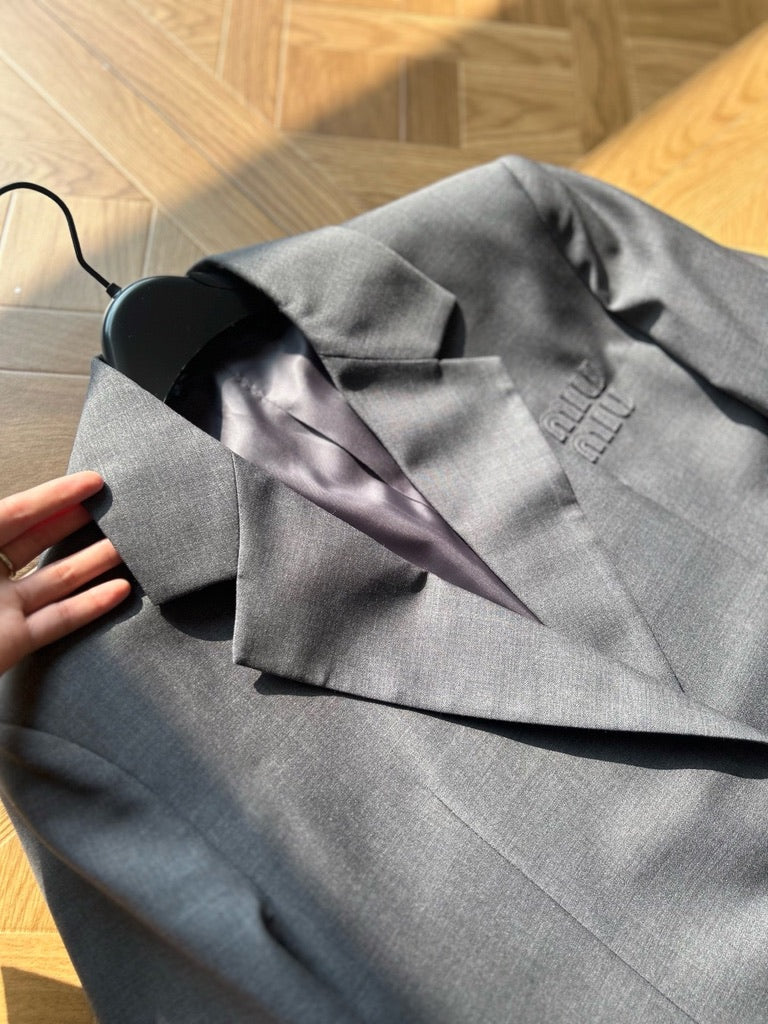 Miu Miu Logo Embroidered Oversized Wool Blazer Jacket in Gray, Size 36/38/40