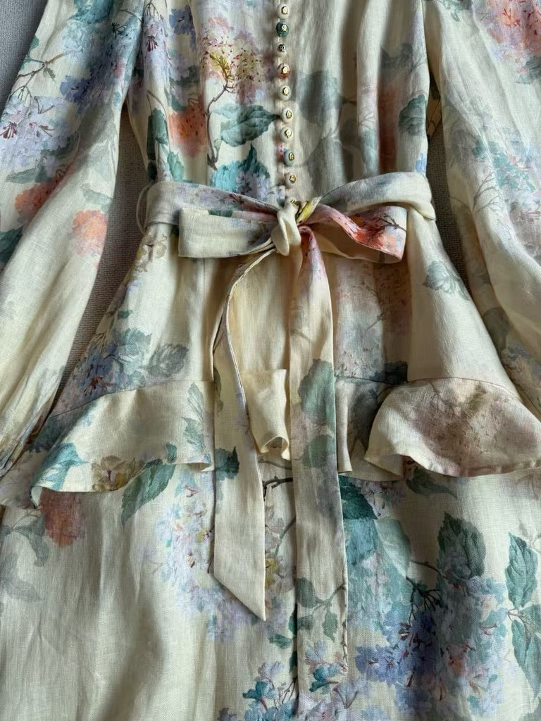 Zimmermann Peplum Belted Linen Midi Dress, Size AU 0/1
