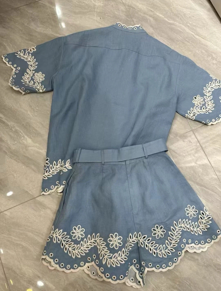 Zimmermann Linen Button Shirt & Belted Shorts Set in Blue, Size AU 1/2/3