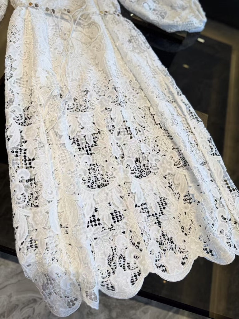 Zimmermann White Lace Belted Midi Dress, Size AU 2