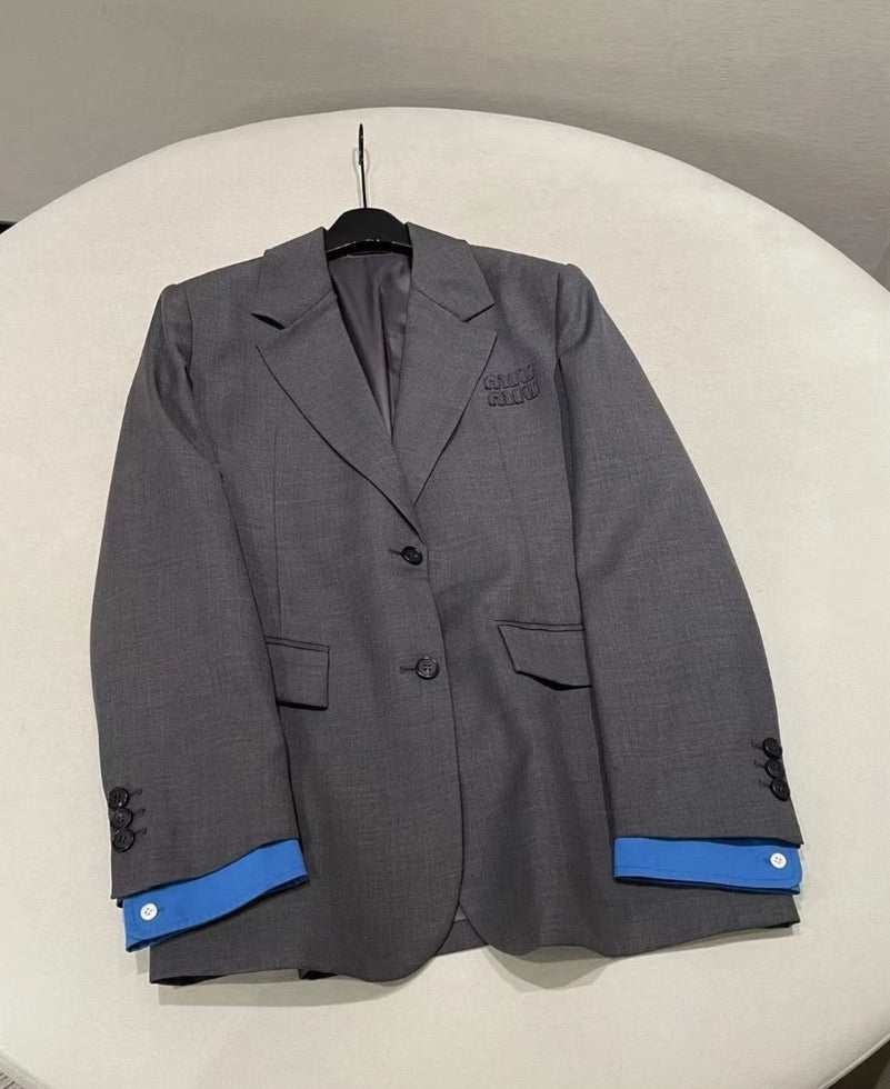 Miu Miu Logo Embroidered Oversized Wool Blazer Jacket in Gray, Size 36/38/40