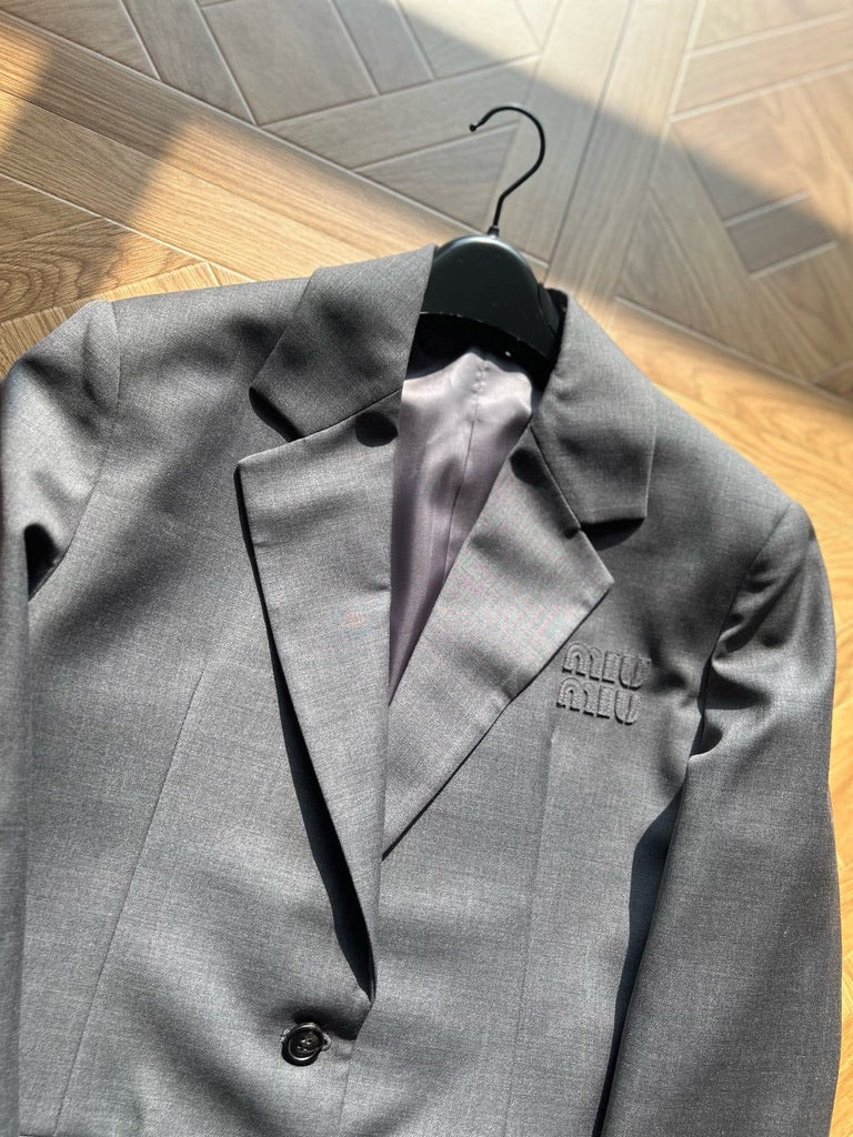 Miu Miu Logo Embroidered Oversized Wool Blazer Jacket in Gray, Size 36/38/40