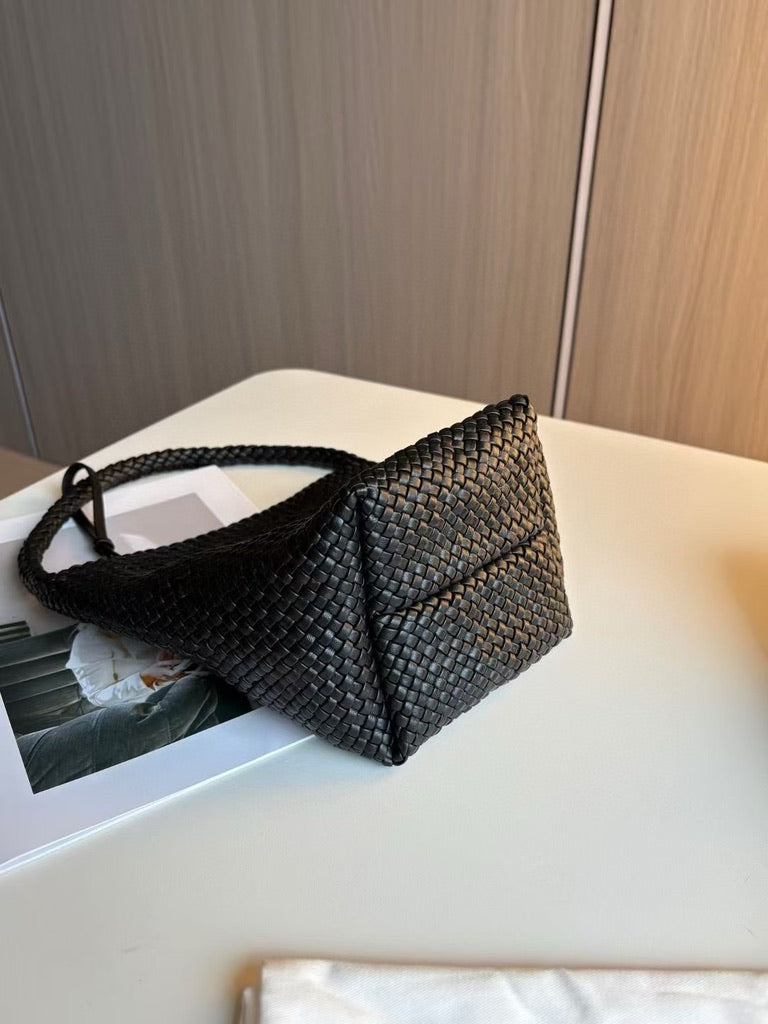 The Row Small Woven Leather Tote Bag in Black
