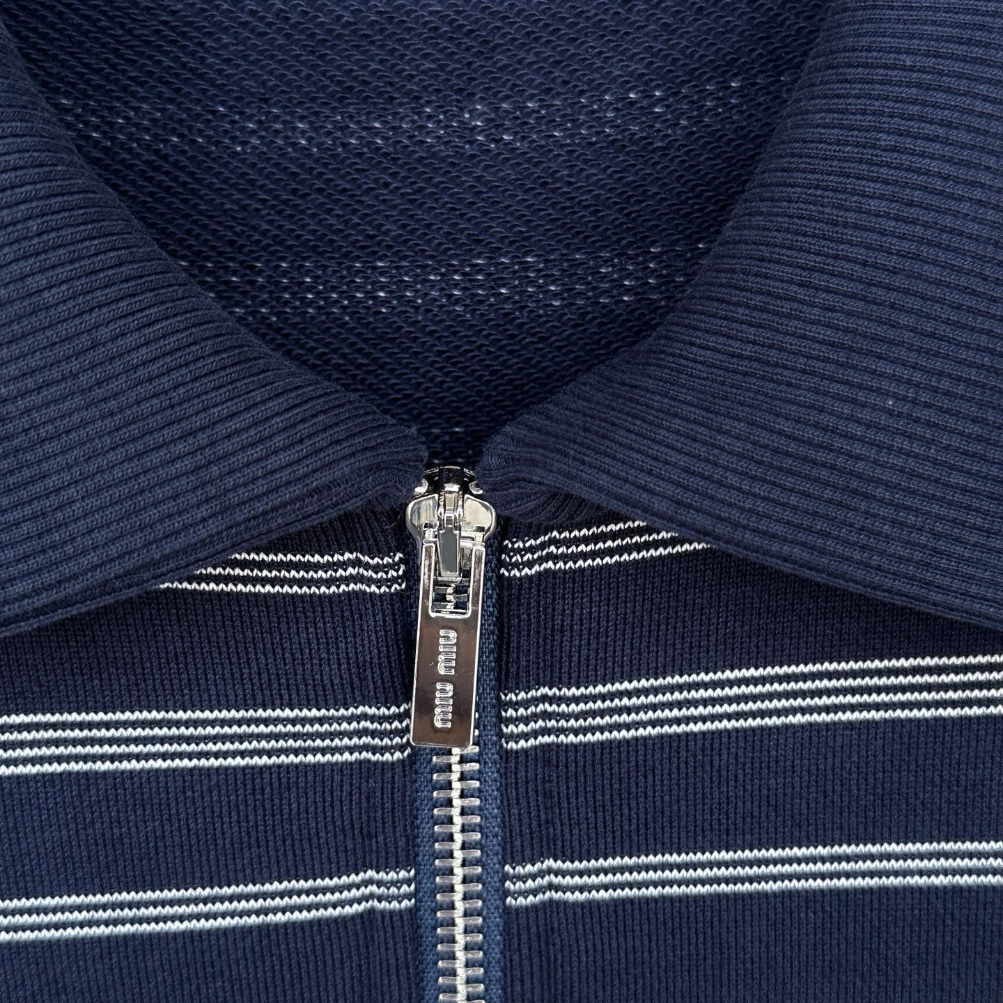 Miu Miu Blue/White Striped Zipper Shirt, Size S/M/L