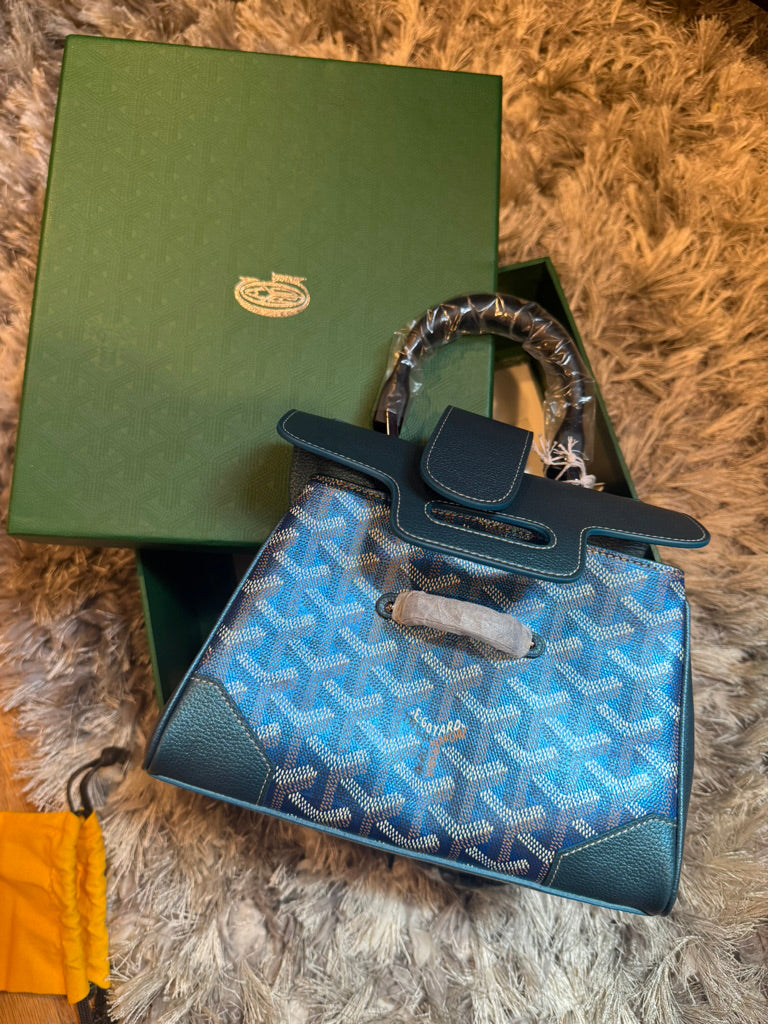 Goyard Mini Saigo Top Handle Bag in Blue (8 x 6.5 x 2.5 in)