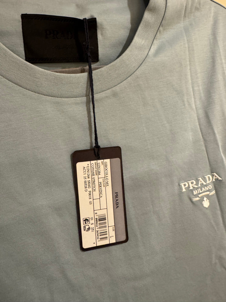 Prada Embroidered Logo Cotton T-Shirt in Light Blue, Size S/L