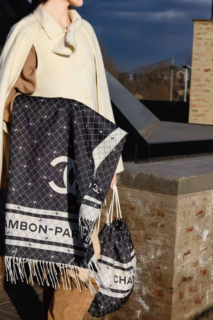 Chanel Logo Cotton/Silk Blend Scarf Black