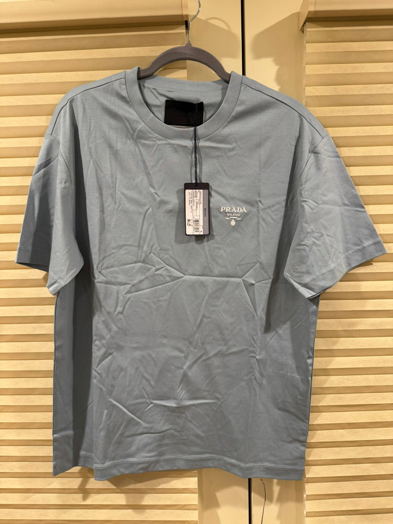 Prada Embroidered Logo Cotton T-Shirt in Light Blue, Size S/L