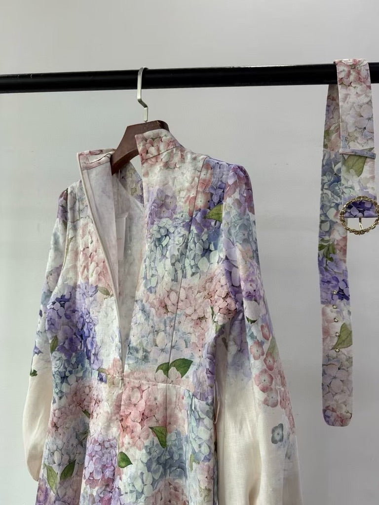 Zimmermann Floral Belted Linen Midi Dress, Size AU 1/2/3