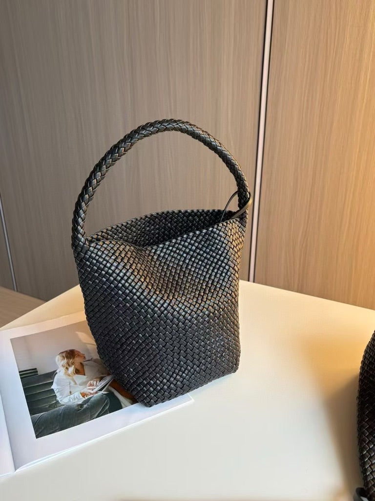 The Row Small Woven Leather Tote Bag in Black