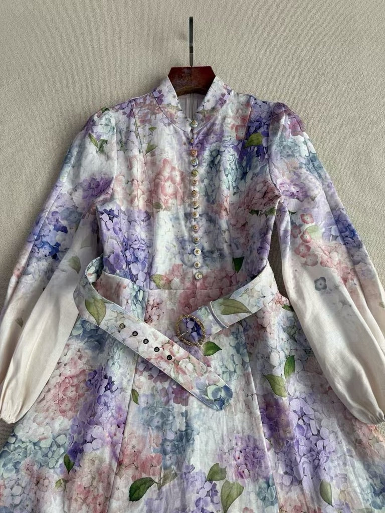 Zimmermann Floral Belted Linen Midi Dress, Size AU 1/2/3