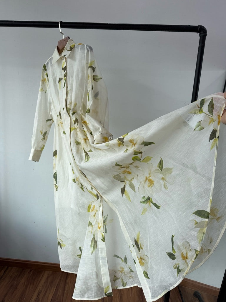 Zimmermann Harmony Floral Print Silk/Linen Blend Maxi Shirt Dress, Size AU 1/2