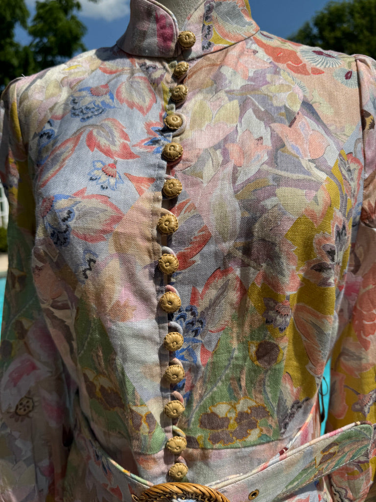 Zimmermann Floral Belted Linen Mididress, Size AU 0P/0/1/2/3