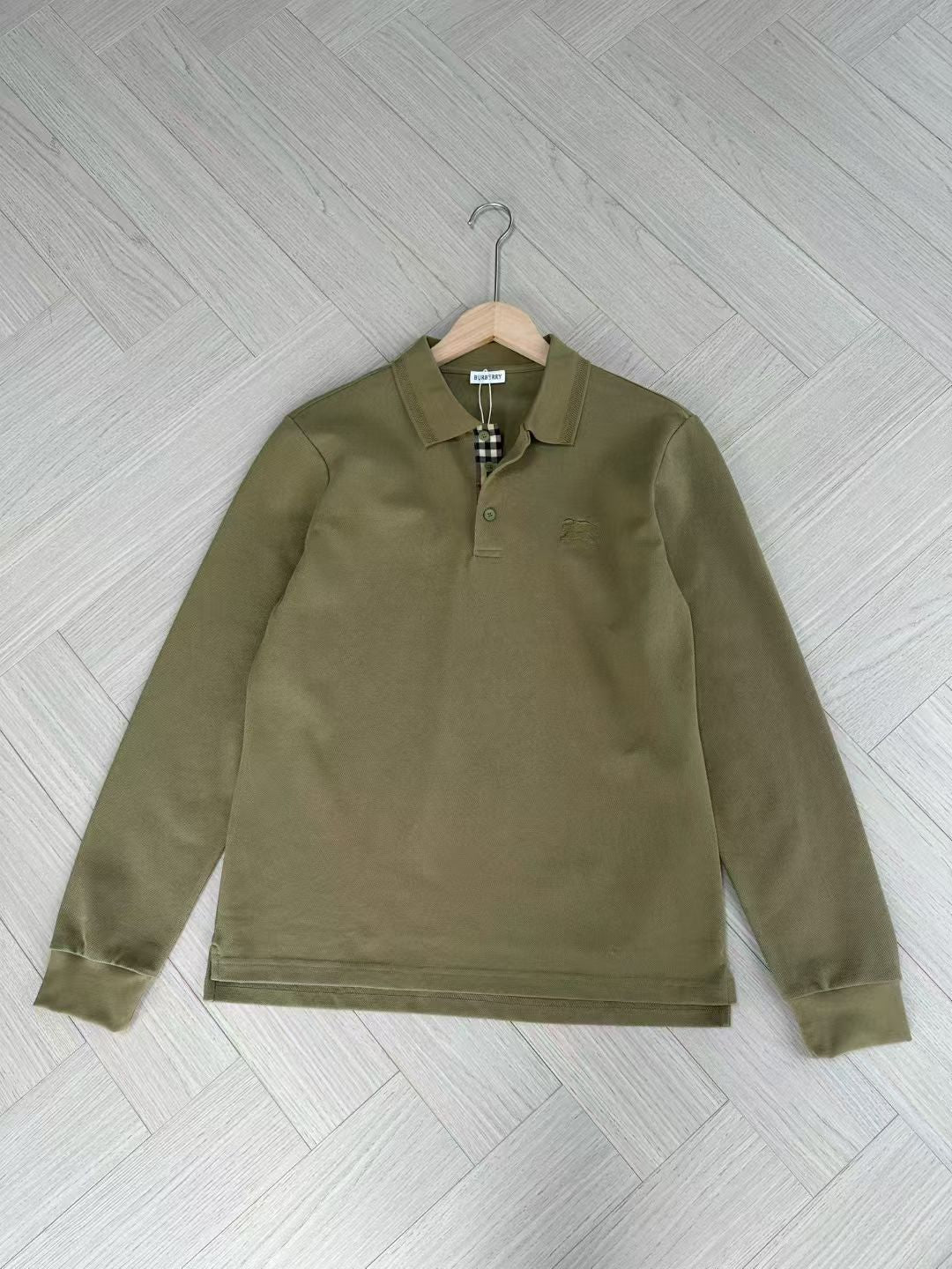 Burberry Long Sleeve Cotton Polo Shirt in Green/White/Blue, Size S/M/L/XL/XXL