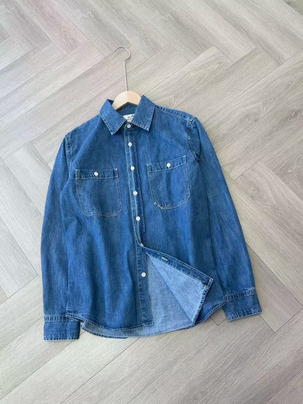 Hermes Unisex Long Sleeve Demin Shirt in Blue, Size 34/36/38/40/42