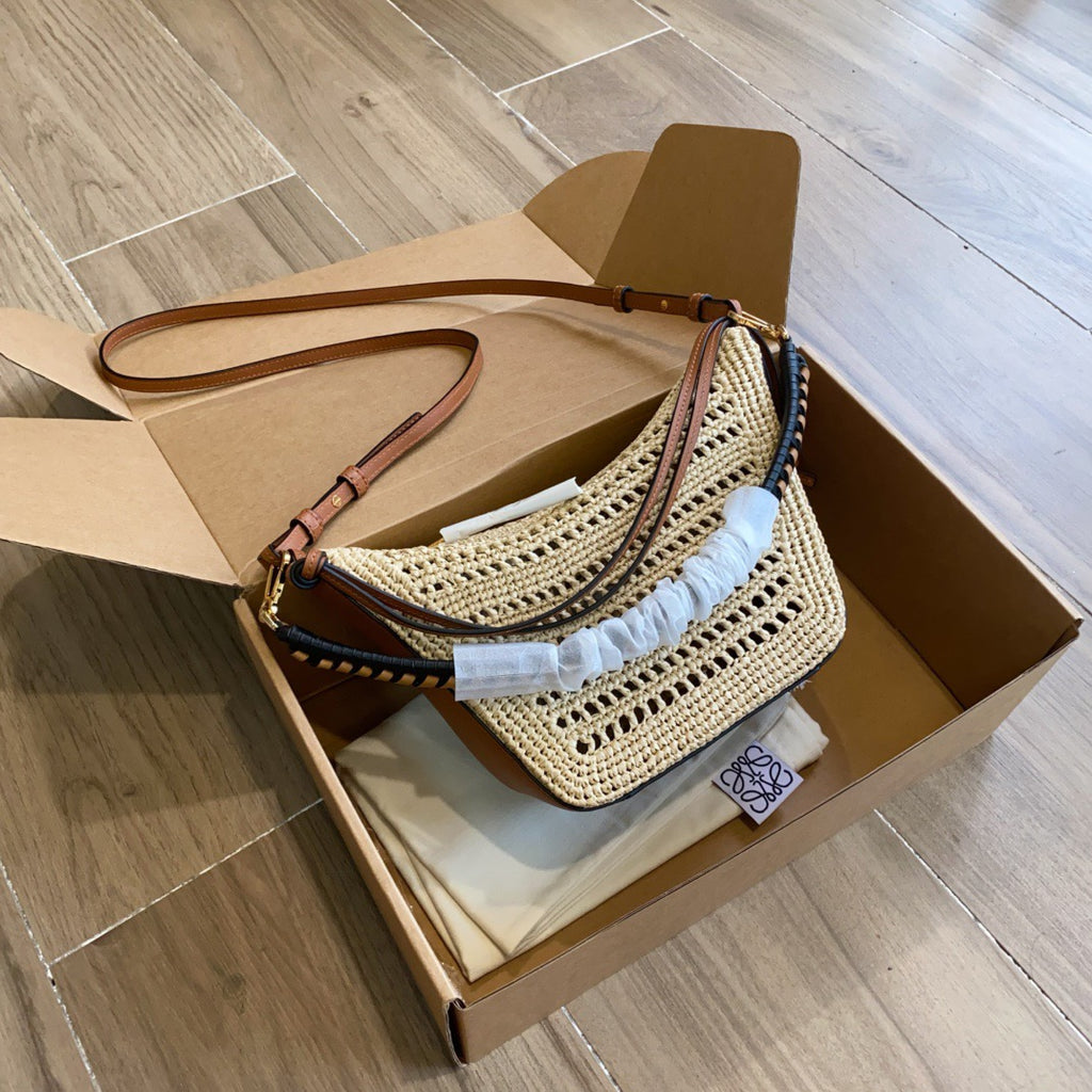 Loewe Mini Hammock Hobo in Raffia and Calfskin (17 x 28 x 9.5)