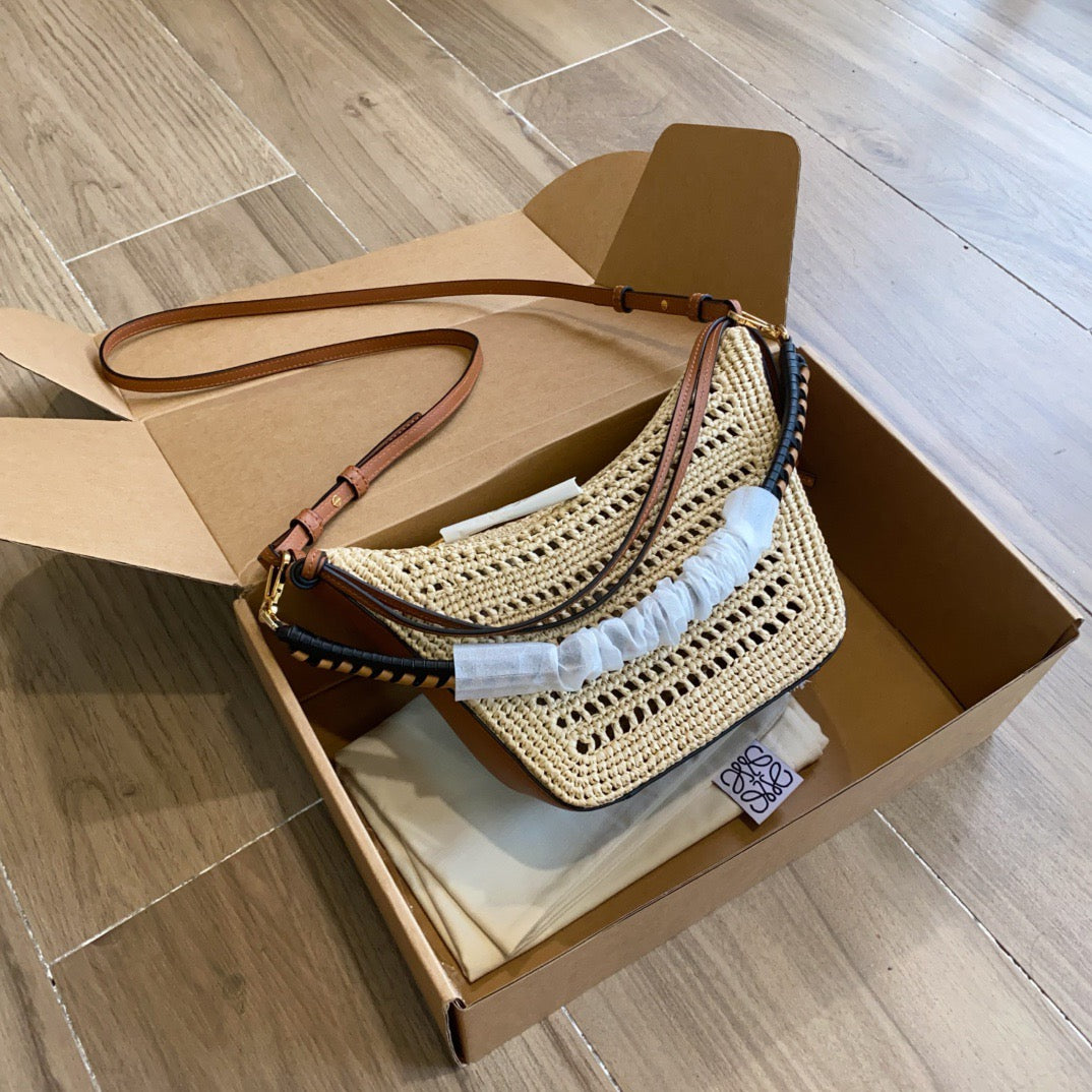 Loewe Mini Hammock Hobo in Raffia and Calfskin (17 x 28 x 9.5)