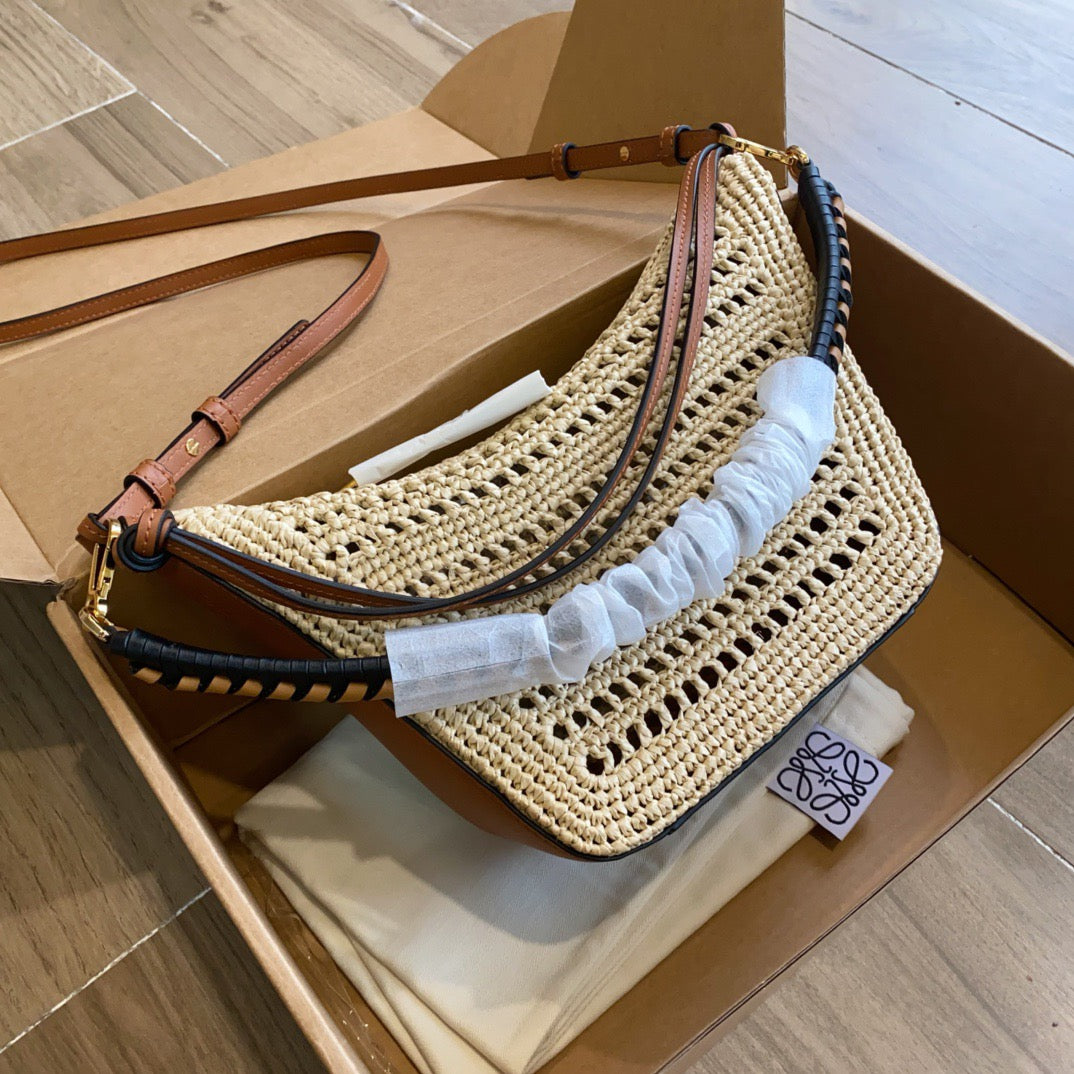 Loewe Mini Hammock Hobo in Raffia and Calfskin (17 x 28 x 9.5)