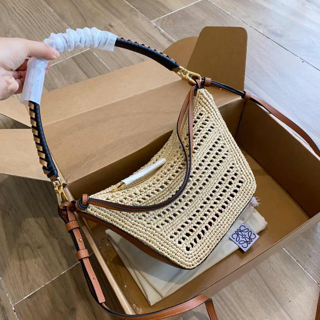 Loewe Mini Hammock Hobo in Raffia and Calfskin (17 x 28 x 9.5)
