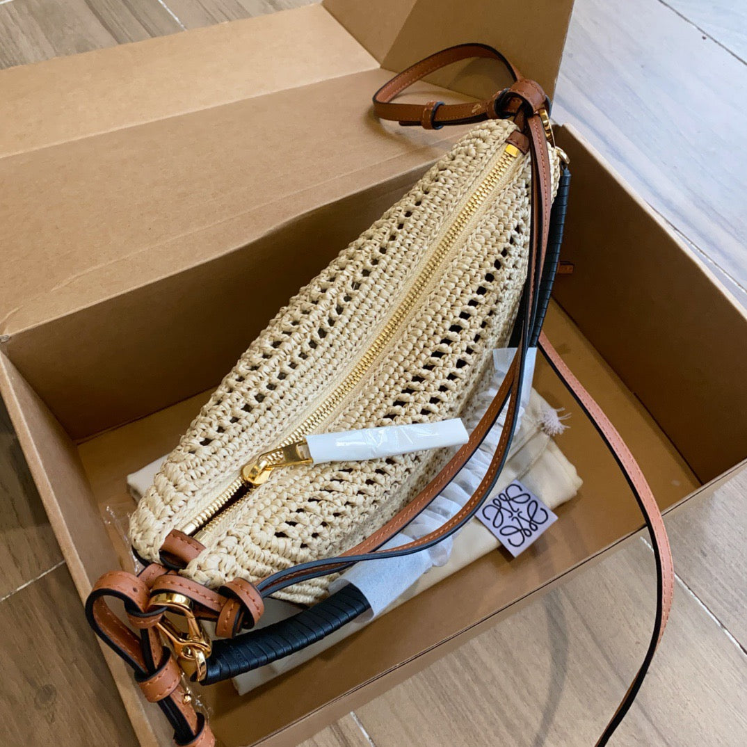 Loewe Mini Hammock Hobo in Raffia and Calfskin (17 x 28 x 9.5)
