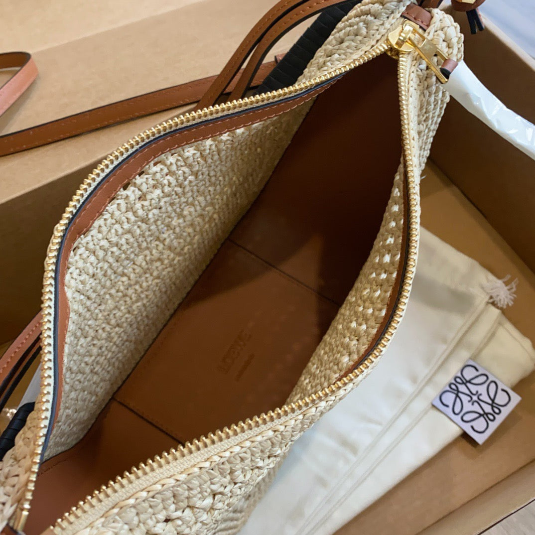 Loewe Mini Hammock Hobo in Raffia and Calfskin (17 x 28 x 9.5)