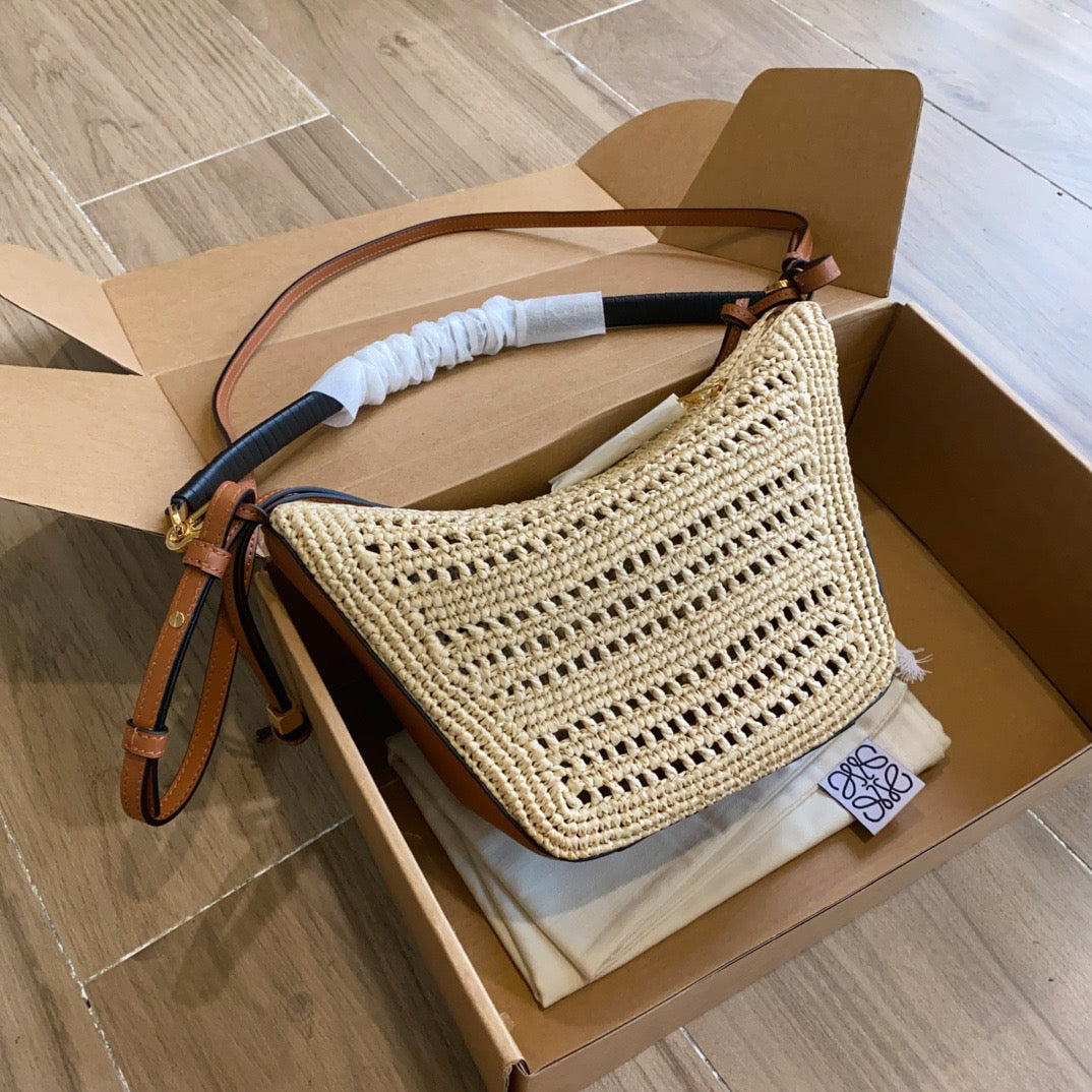 Loewe Mini Hammock Hobo in Raffia and Calfskin (17 x 28 x 9.5)