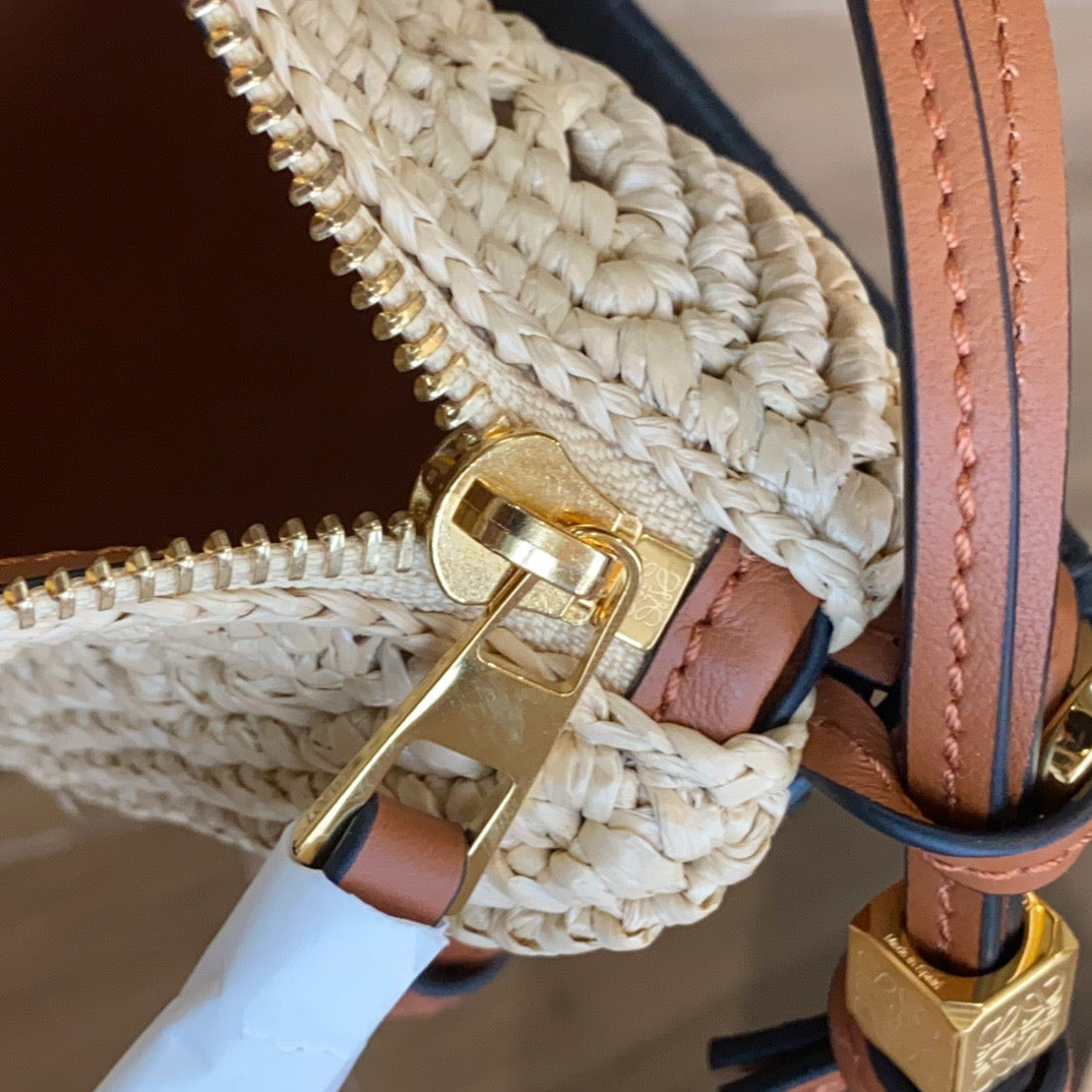 Loewe Mini Hammock Hobo in Raffia and Calfskin (17 x 28 x 9.5)