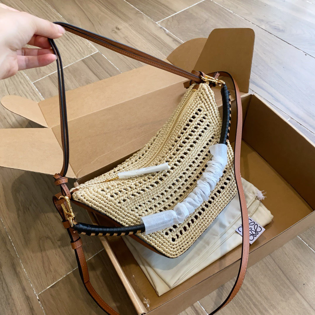 Loewe Mini Hammock Hobo in Raffia and Calfskin (17 x 28 x 9.5)