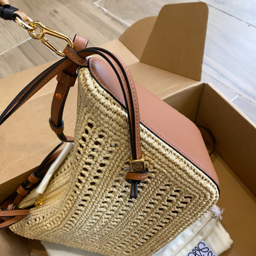 Loewe Mini Hammock Hobo in Raffia and Calfskin (17 x 28 x 9.5)