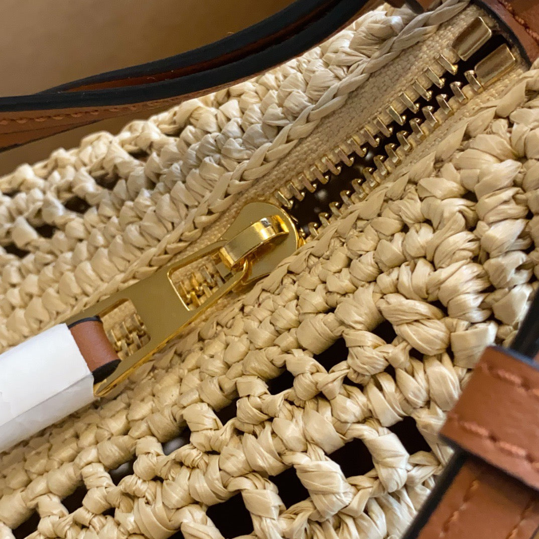 Loewe Mini Hammock Hobo in Raffia and Calfskin (17 x 28 x 9.5)