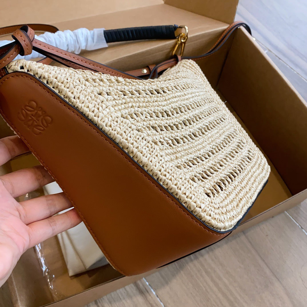 Loewe Mini Hammock Hobo in Raffia and Calfskin (17 x 28 x 9.5)