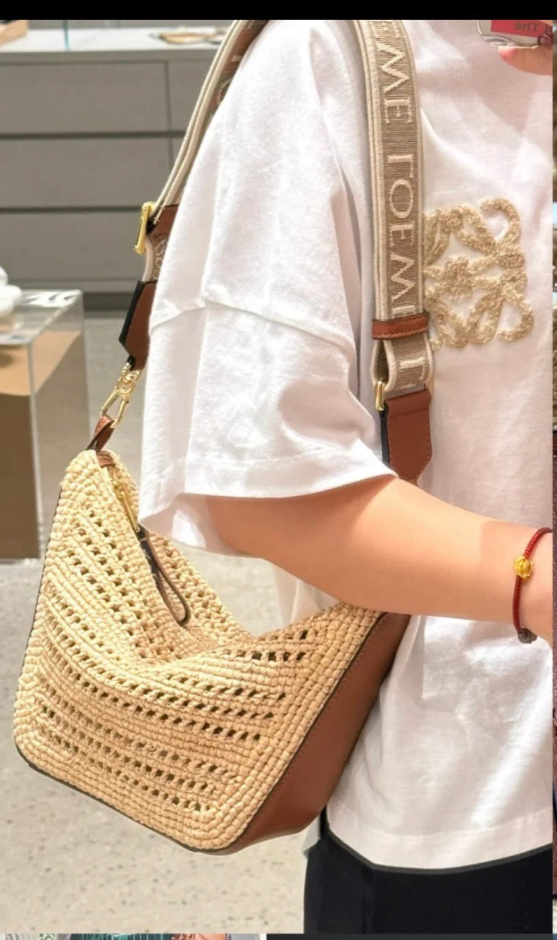 Loewe Mini Hammock Hobo in Raffia and Calfskin (17 x 28 x 9.5)