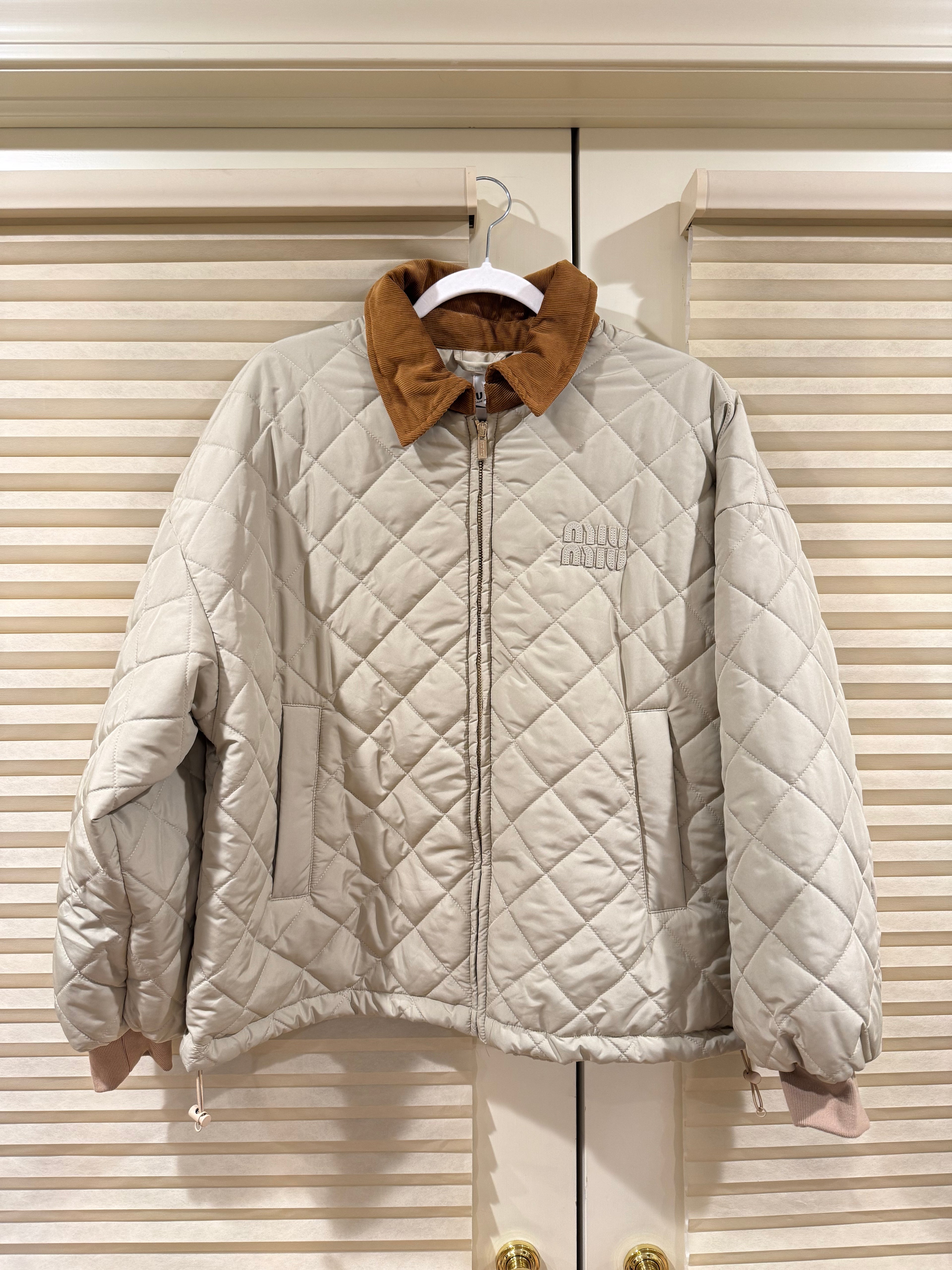Miu Miu Technical Fabric Blouson Padded Jacket in Sabbia, Size S/M/L