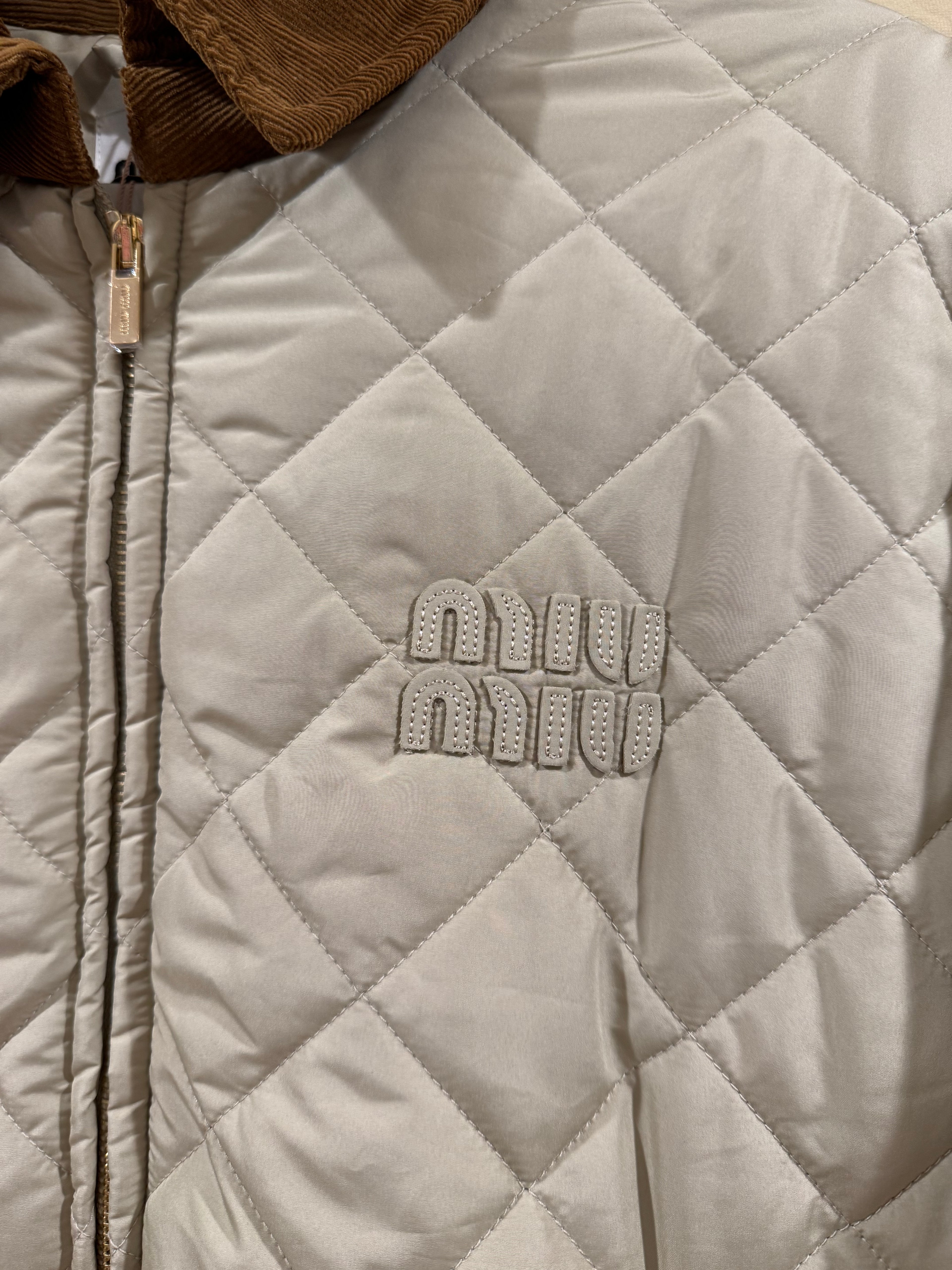 Miu Miu Technical Fabric Blouson Padded Jacket in Sabbia, Size S/M/L
