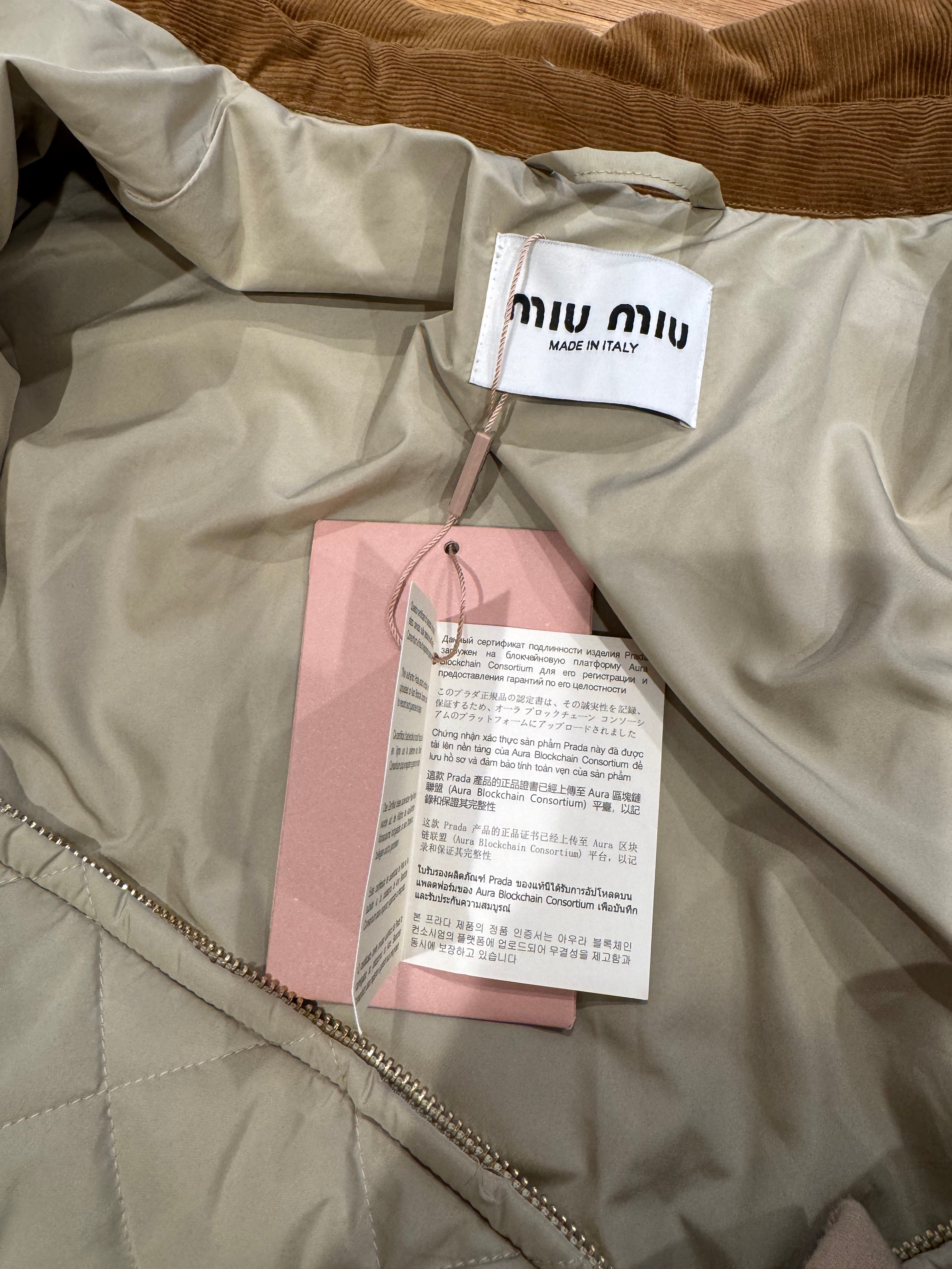 Miu Miu Technical Fabric Blouson Padded Jacket in Sabbia, Size S/M/L