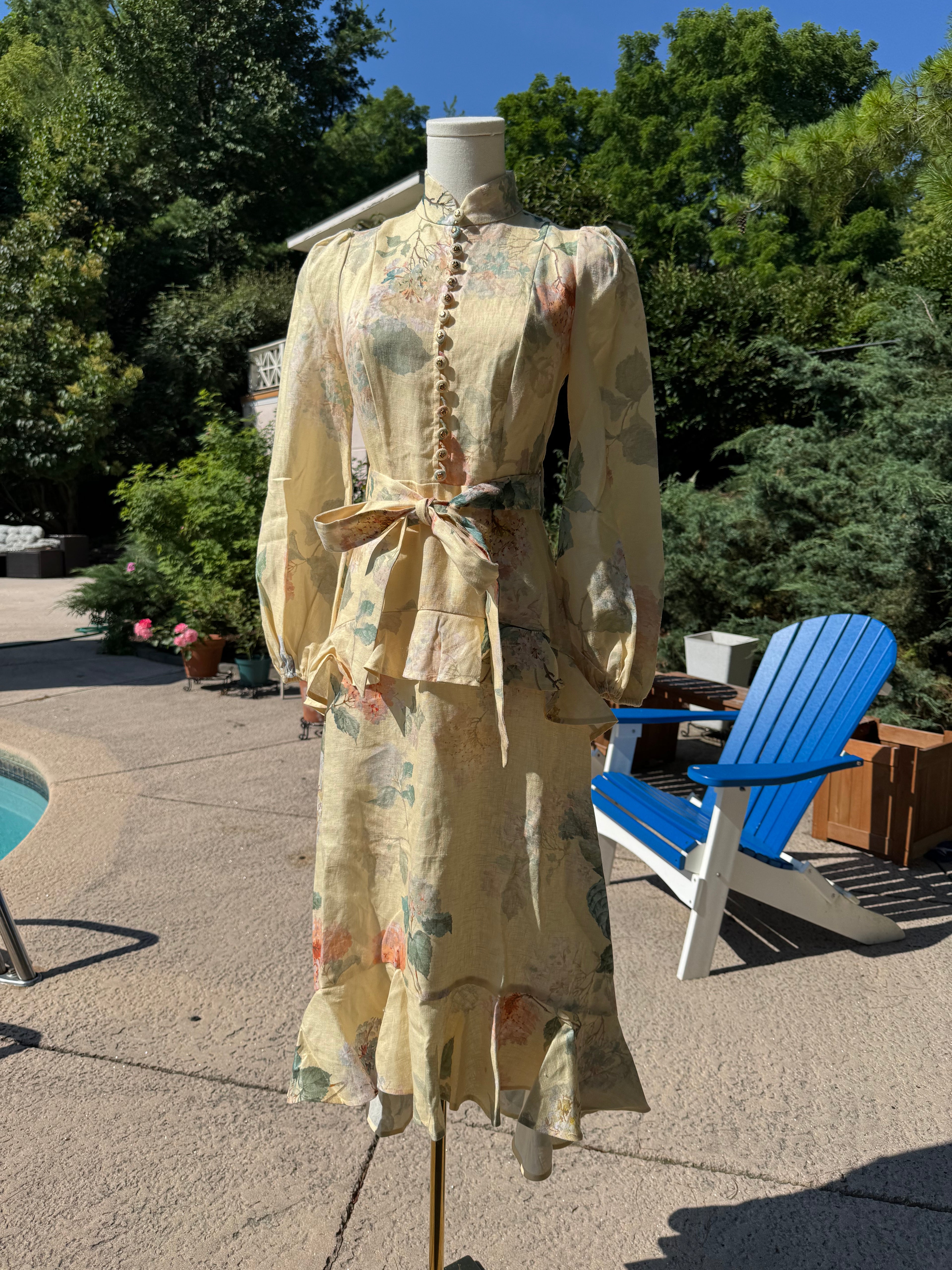 Zimmermann Peplum Belted Linen Midi Dress, Size AU 0/1