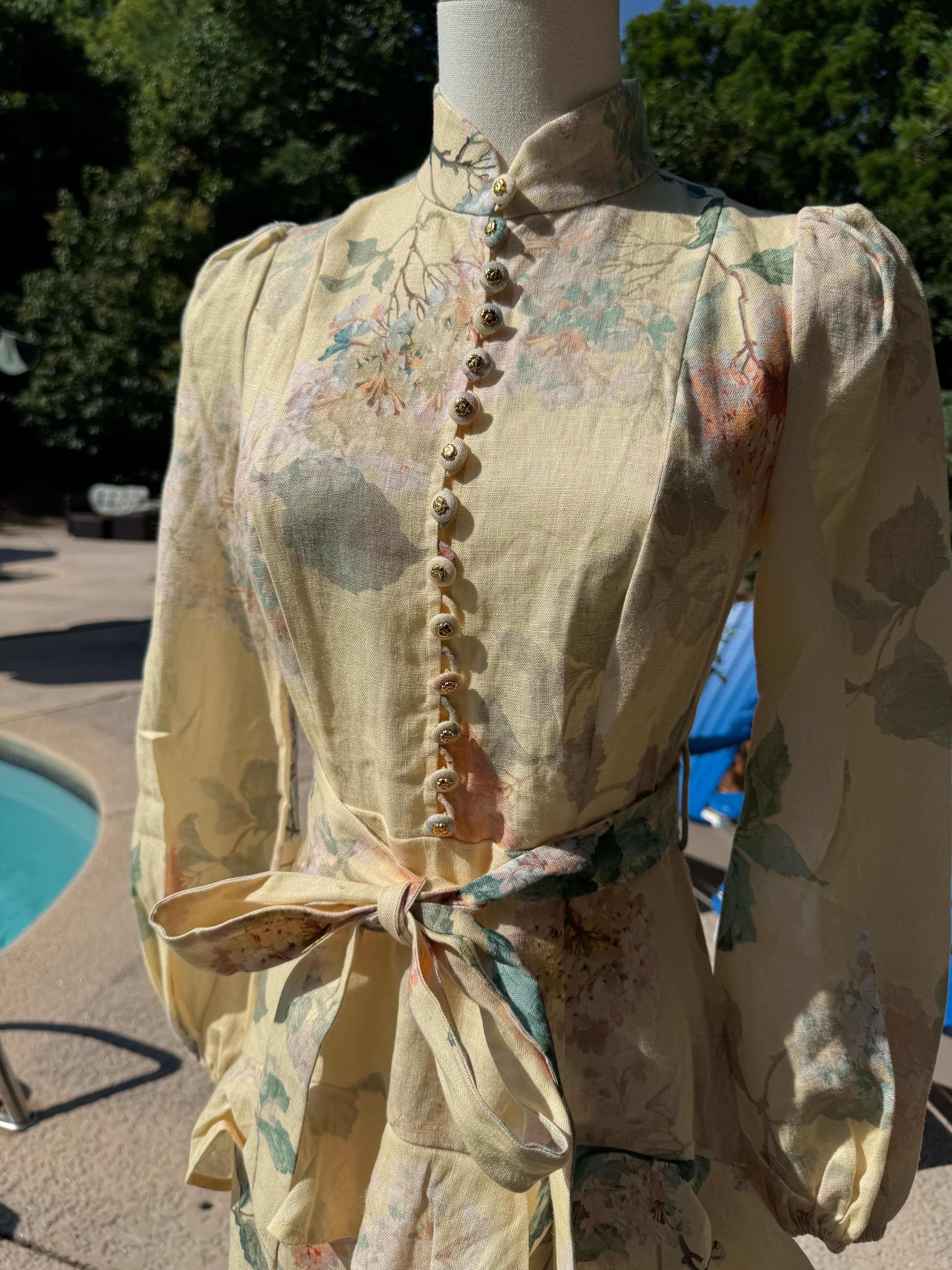 Zimmermann Peplum Belted Linen Midi Dress, Size AU 0/1