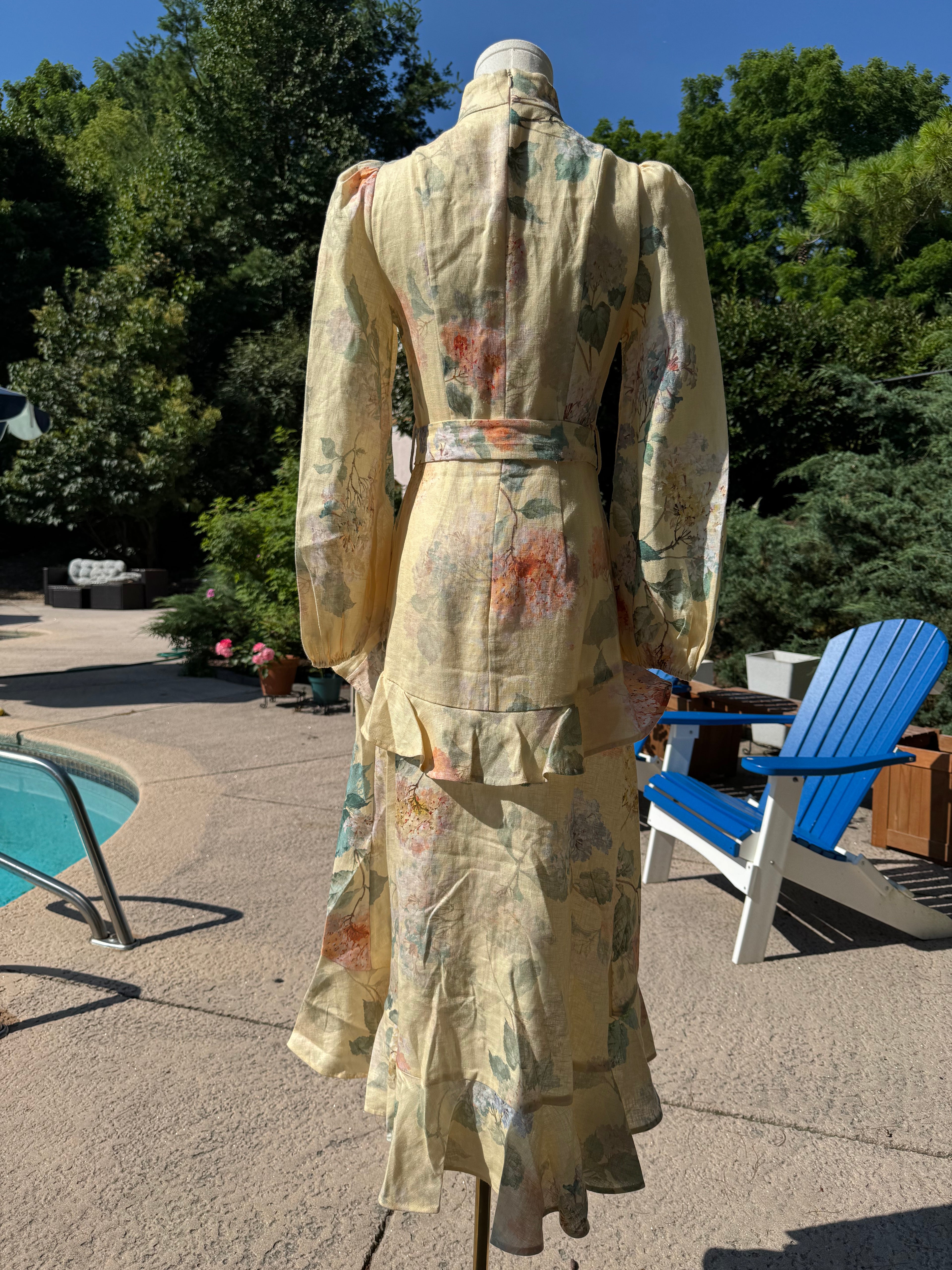 Zimmermann Peplum Belted Linen Midi Dress, Size AU 0/1