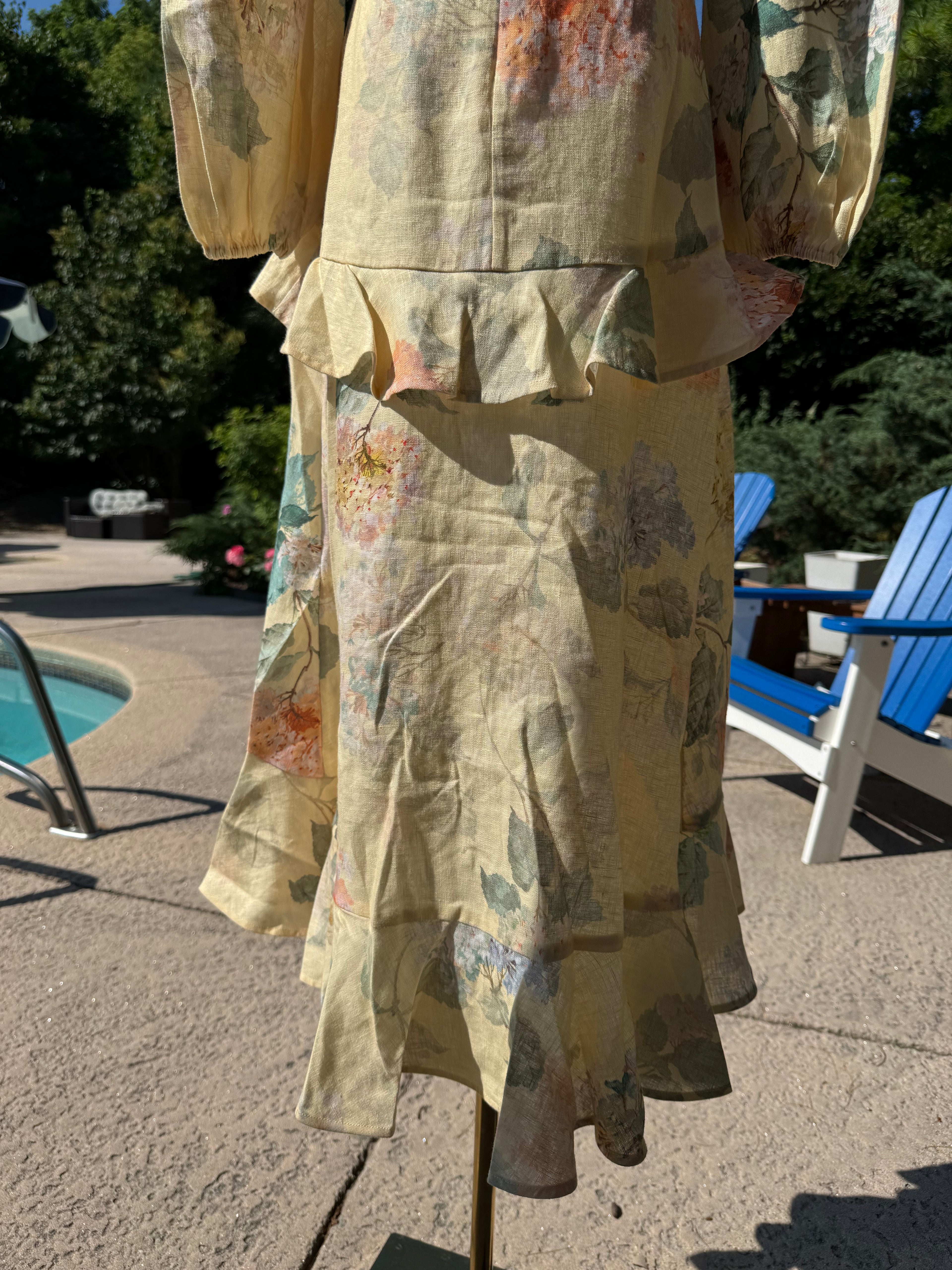 Zimmermann Peplum Belted Linen Midi Dress, Size AU 0/1