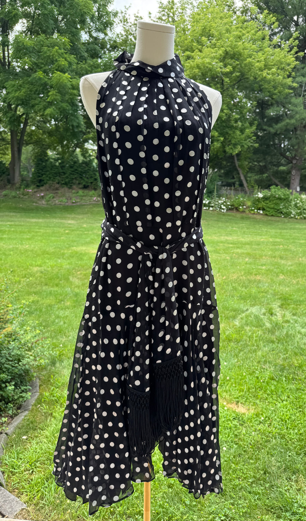 CH Carolina Herrera Black Polka Dot Belted Silk Midi Dress, US 10