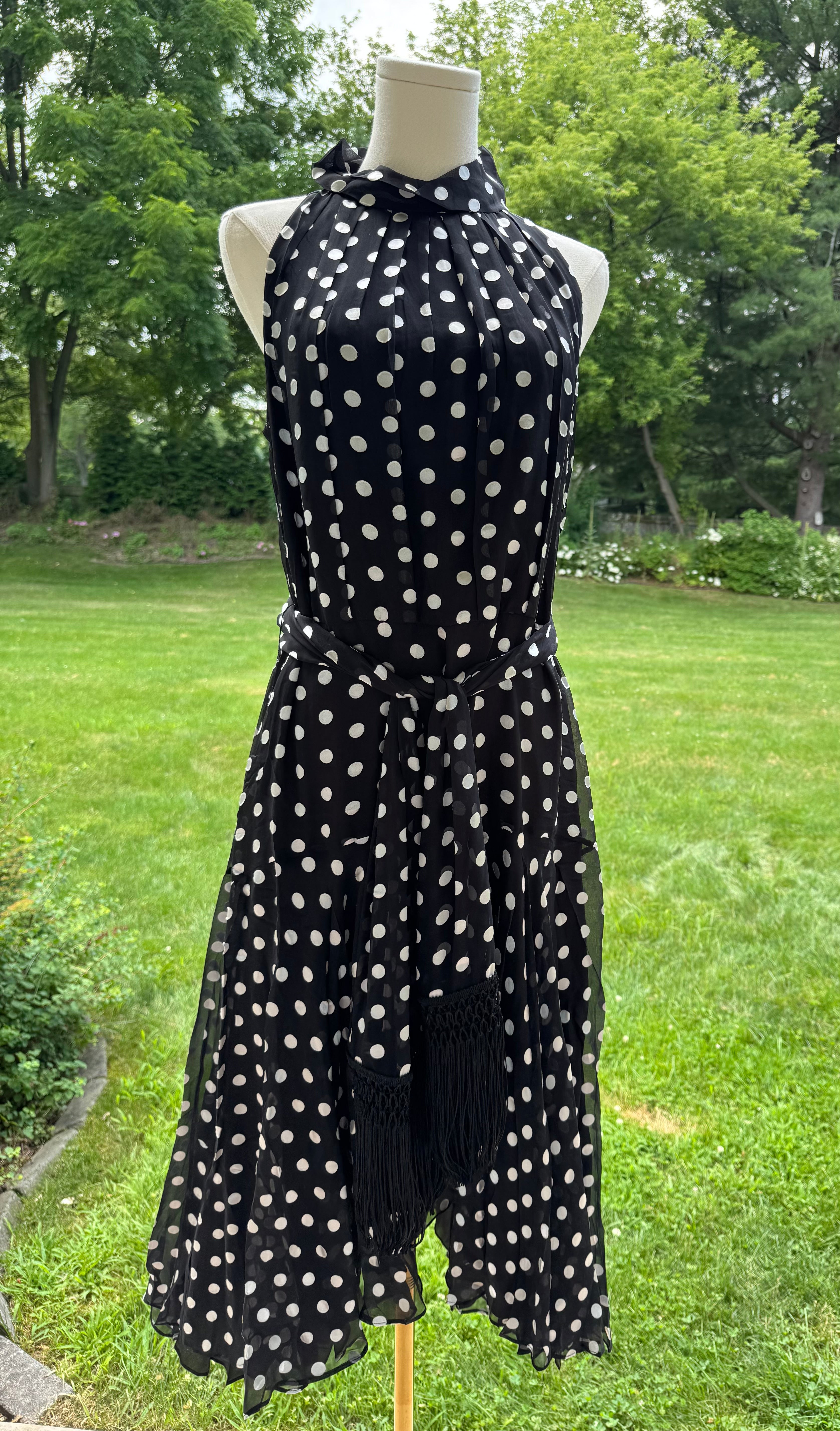 CH Carolina Herrera Black Polka Dot Belted Silk Midi Dress, US 10