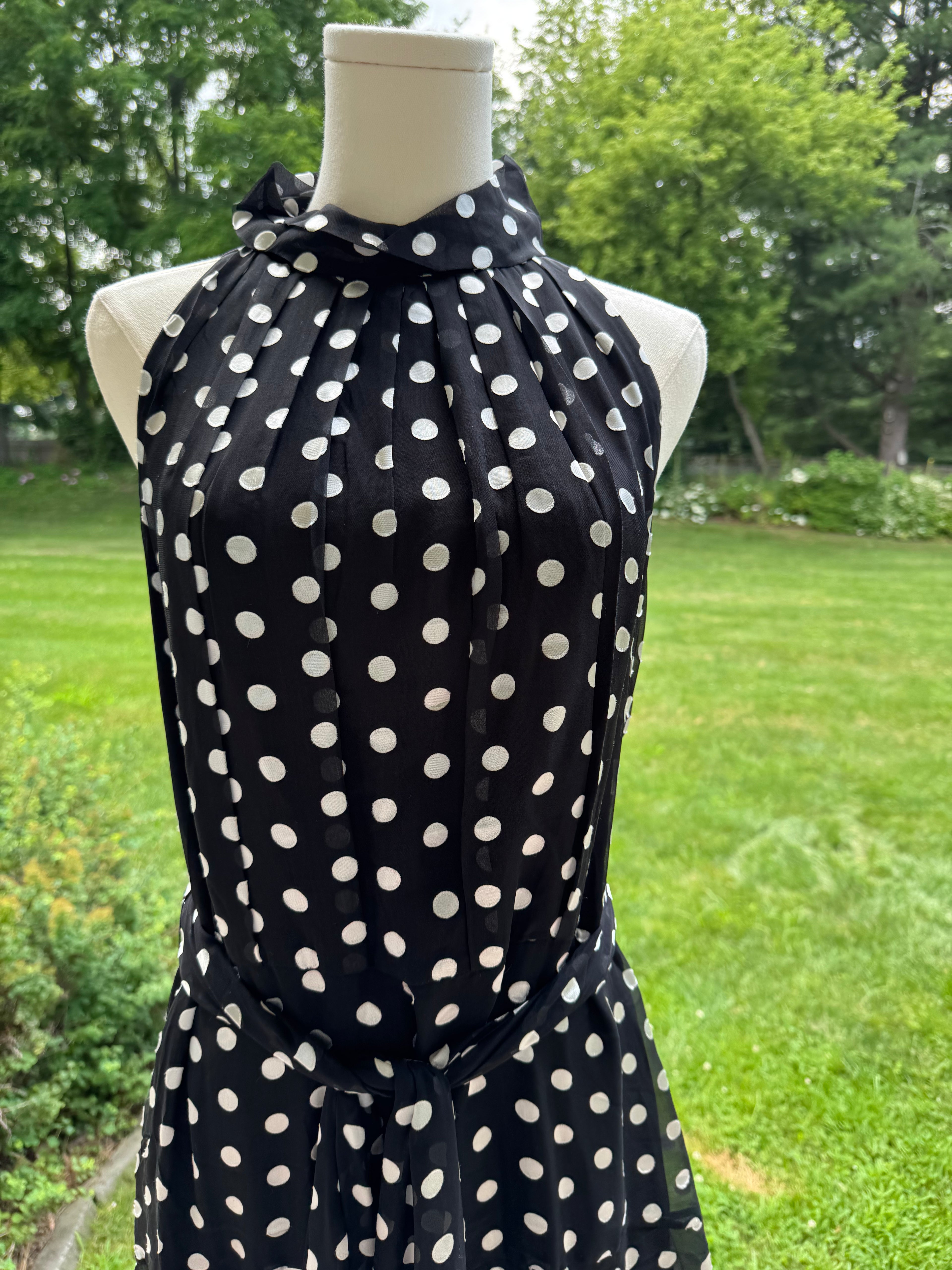 CH Carolina Herrera Black Polka Dot Belted Silk Midi Dress, US 10