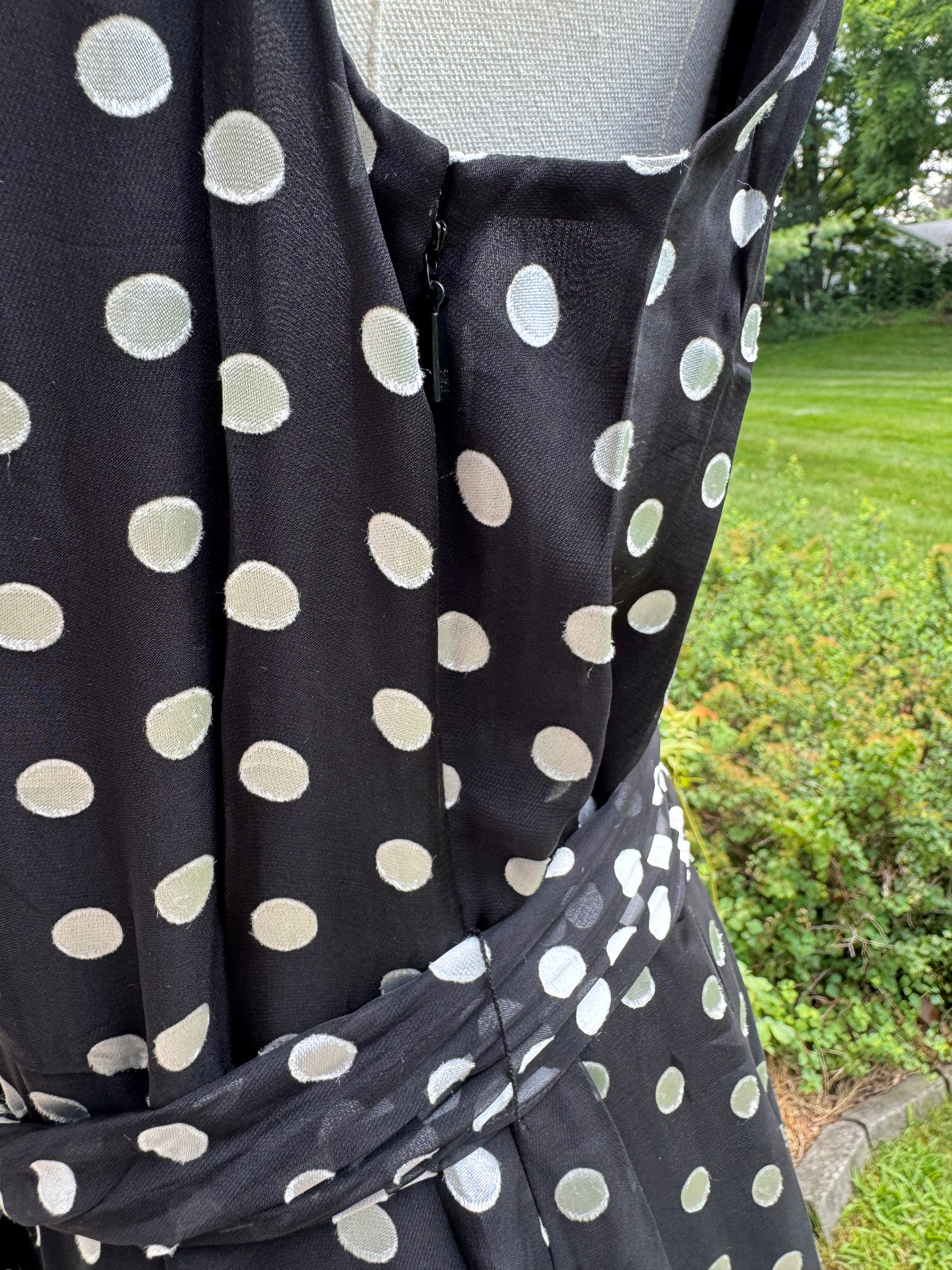 CH Carolina Herrera Black Polka Dot Belted Silk Midi Dress, US 10