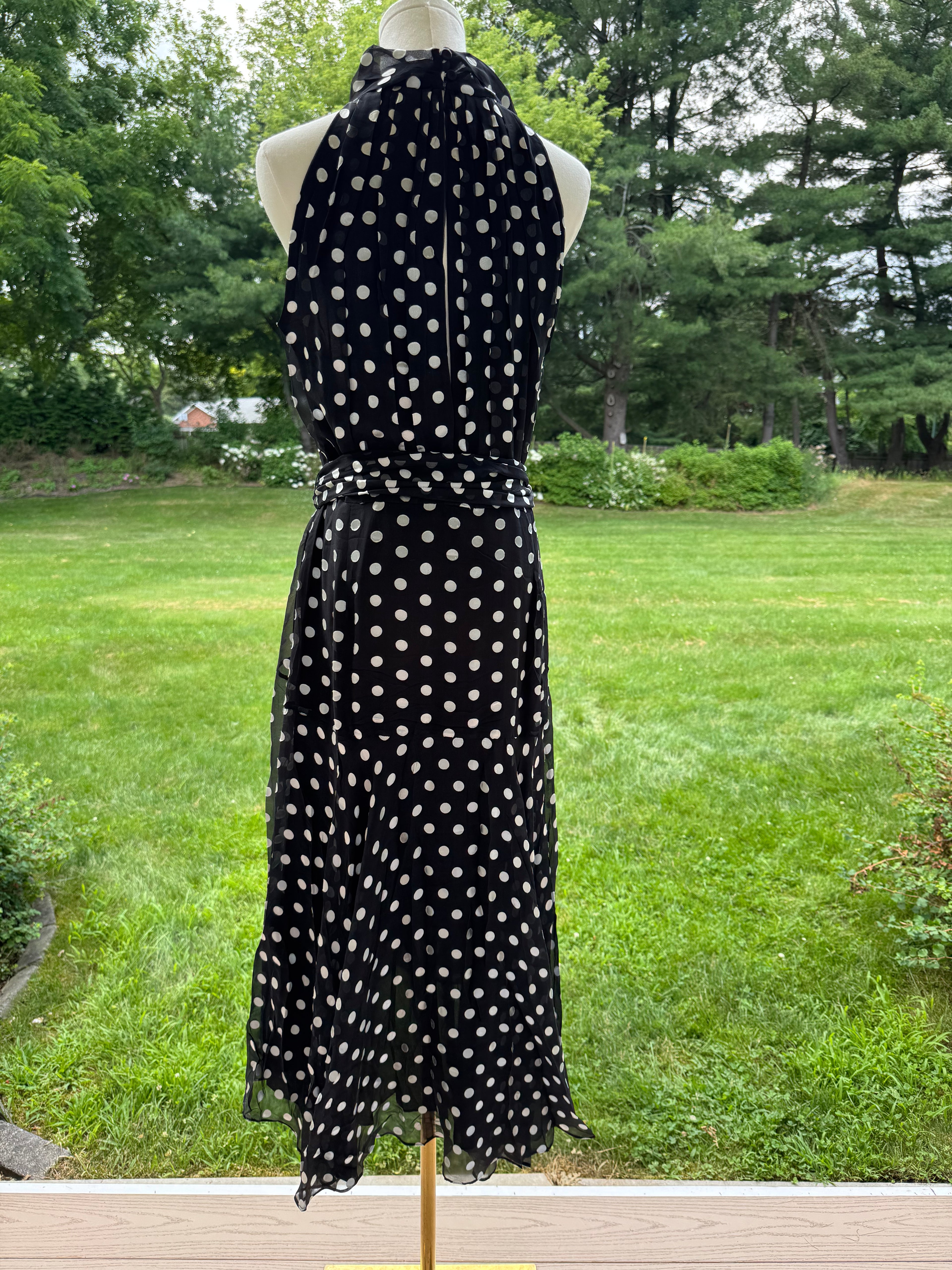 CH Carolina Herrera Black Polka Dot Belted Silk Midi Dress, US 10