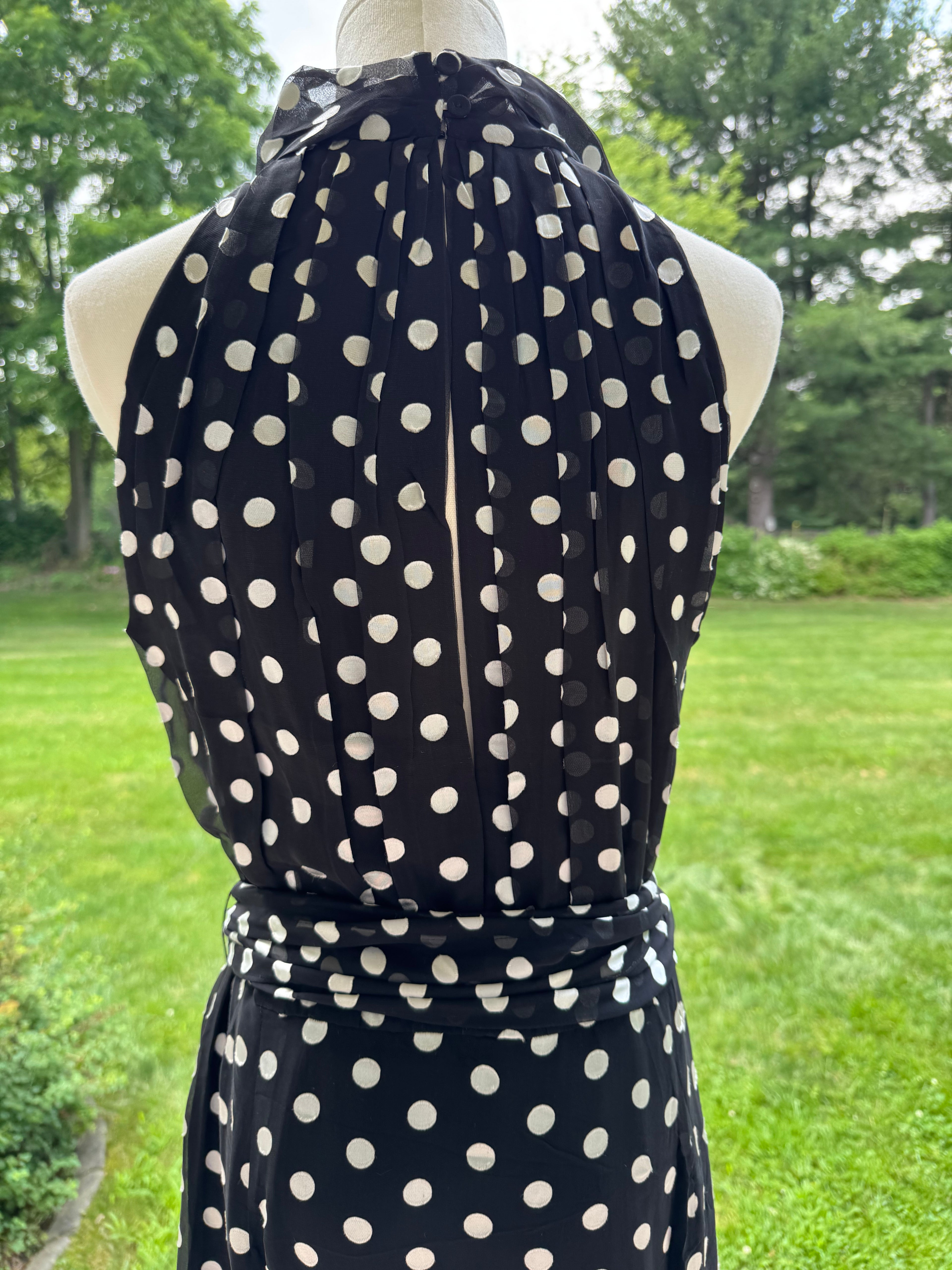 CH Carolina Herrera Black Polka Dot Belted Silk Midi Dress, US 10