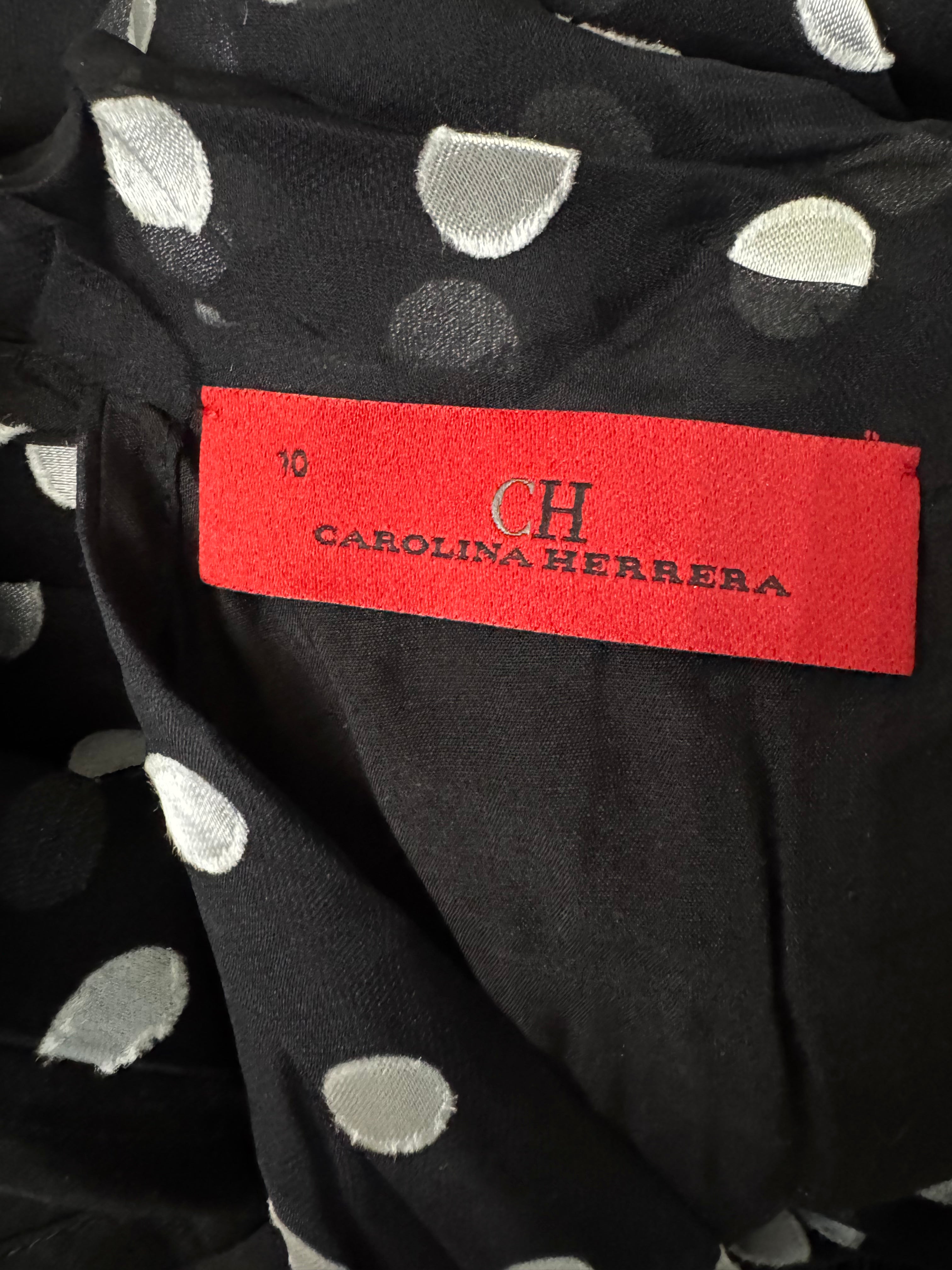 CH Carolina Herrera Black Polka Dot Belted Silk Midi Dress, US 10