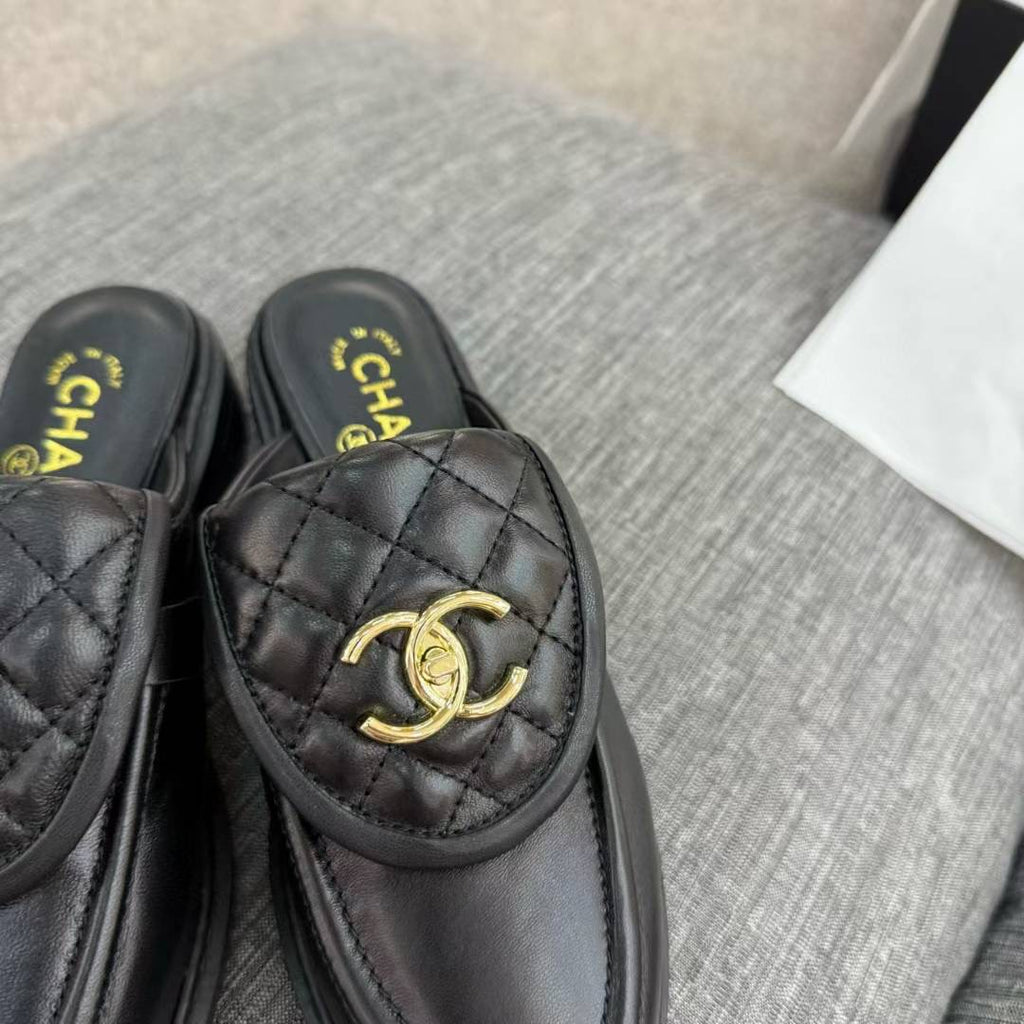 Chanel Gold CC Logo Mule in Black